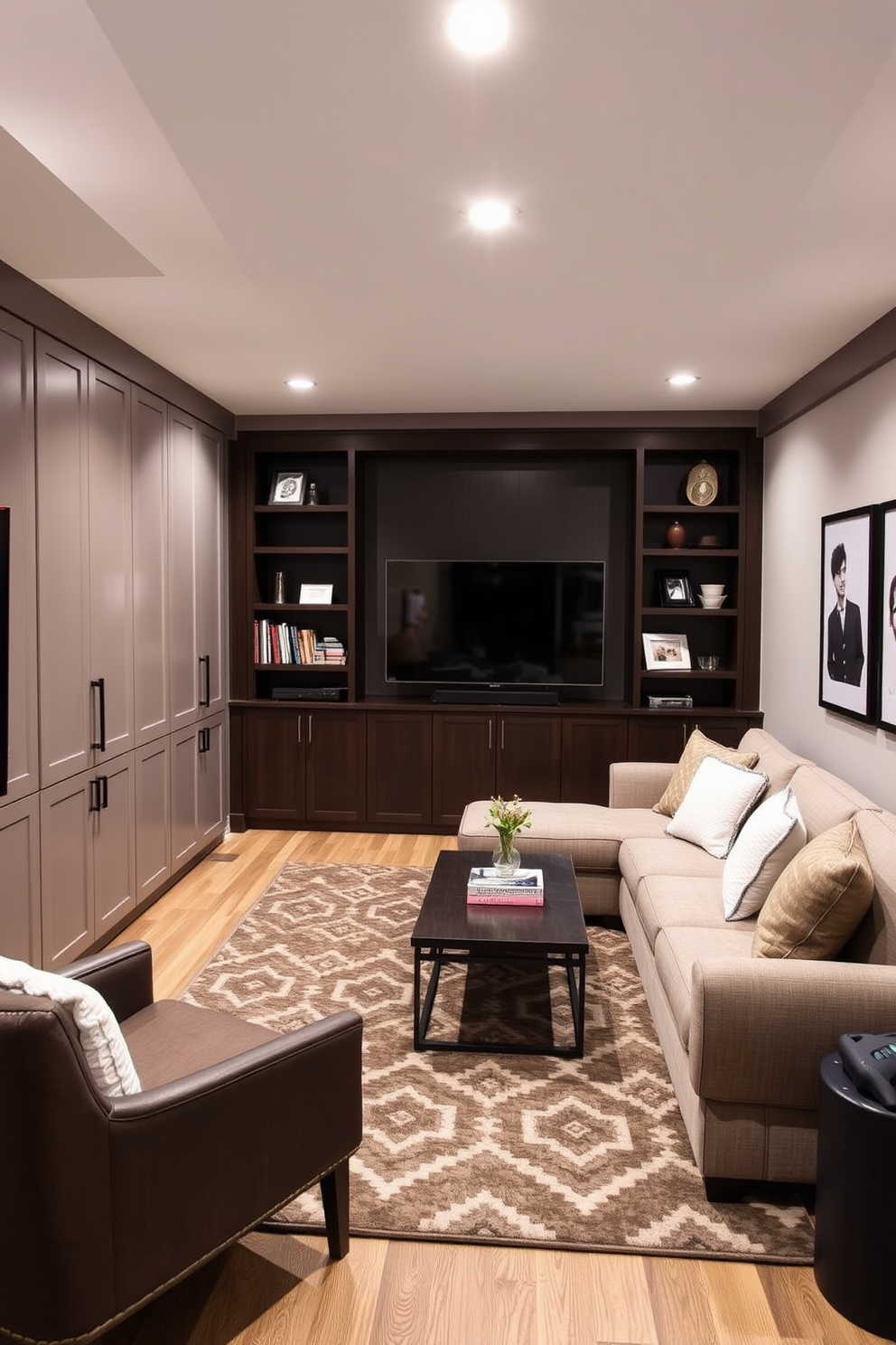 Sleek storage solutions are integrated into the design of a cozy basement family room. Custom-built cabinetry lines the walls, providing ample space to store games, books, and entertainment equipment while maintaining a clean and organized look. The seating area features a plush sectional sofa positioned around a modern coffee table. A stylish area rug anchors the space, while wall-mounted shelves display decorative items and family photos, adding personality to the room.