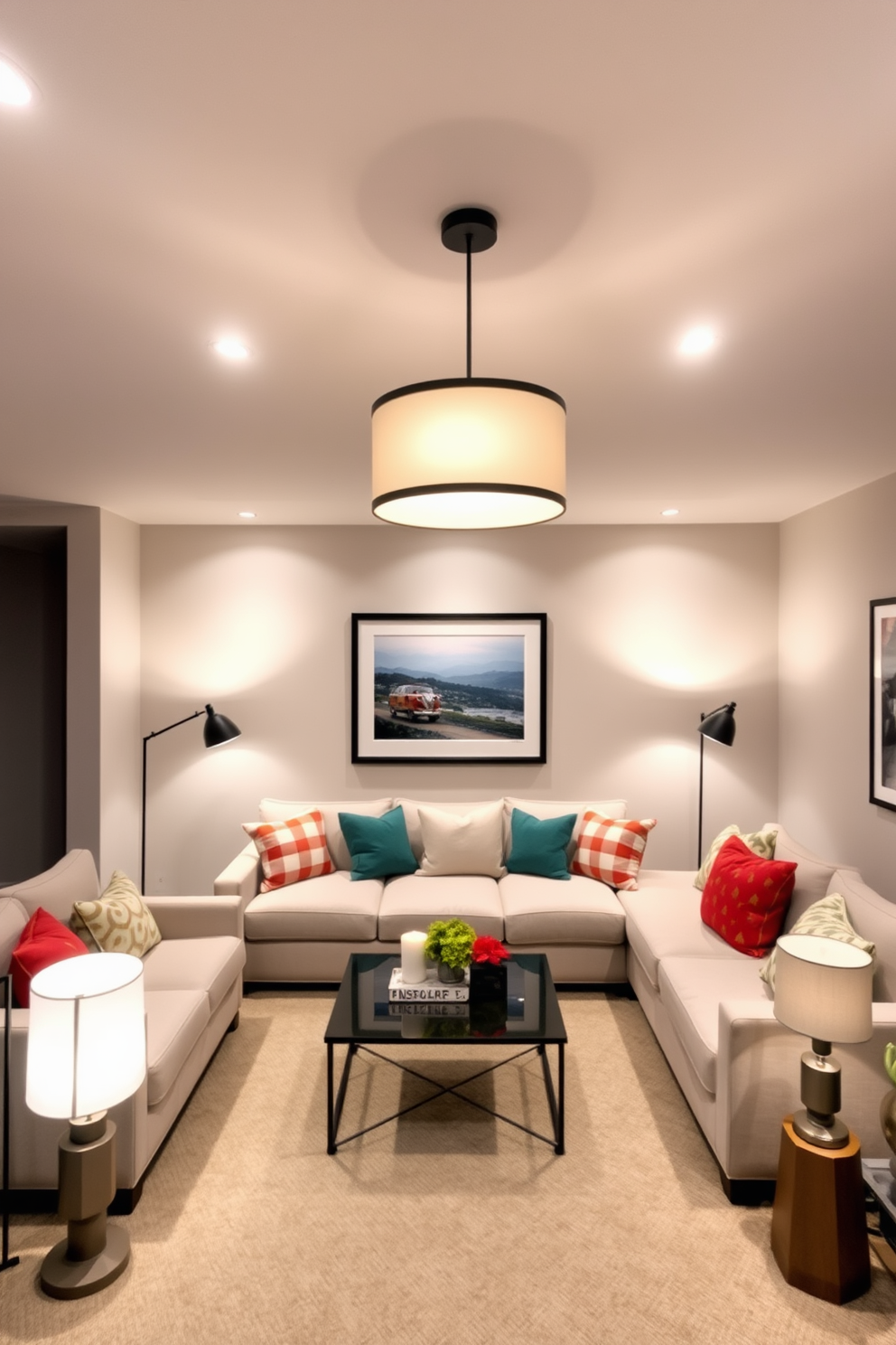 A cozy basement family room featuring creative lighting fixtures that enhance the ambiance. Soft recessed lighting illuminates the space while a statement pendant light hangs above the seating area, creating a warm and inviting atmosphere. The walls are painted in a soft gray hue, complemented by a plush sectional sofa adorned with colorful throw pillows. A stylish coffee table sits in the center, surrounded by unique floor lamps that provide additional lighting options for relaxation and entertainment.