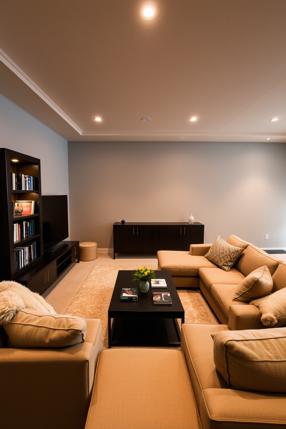 A cozy nook with plush cushions invites relaxation and reading. Soft, ambient lighting creates a warm atmosphere, while a small bookshelf filled with novels adds charm. The basement family room features a spacious layout designed for comfort and entertainment. A large sectional sofa faces a modern entertainment unit, with a coffee table at the center for gatherings.