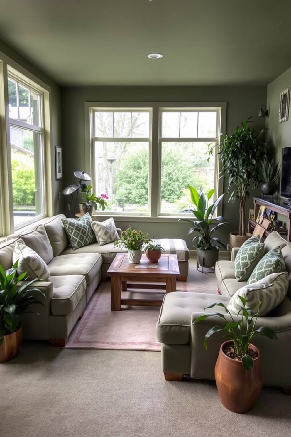 A cozy basement family room that brings the outdoors inside. The space features large windows that let in natural light and a green color palette with soft textures. A comfortable sectional sofa is arranged around a rustic wooden coffee table. Potted plants are placed strategically around the room to enhance the fresh, outdoor-inspired atmosphere.