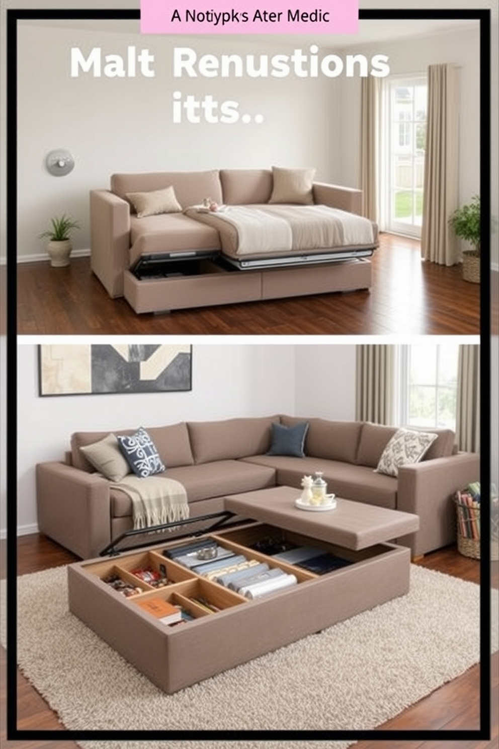 Multifunctional furniture for small spaces. A sleek sofa bed in a neutral tone doubles as a comfortable seating area by day and transforms into a cozy sleeping space at night. Basement family room design ideas. A sectional sofa with built-in storage complements a stylish coffee table that can be lifted to reveal hidden compartments for games and blankets.