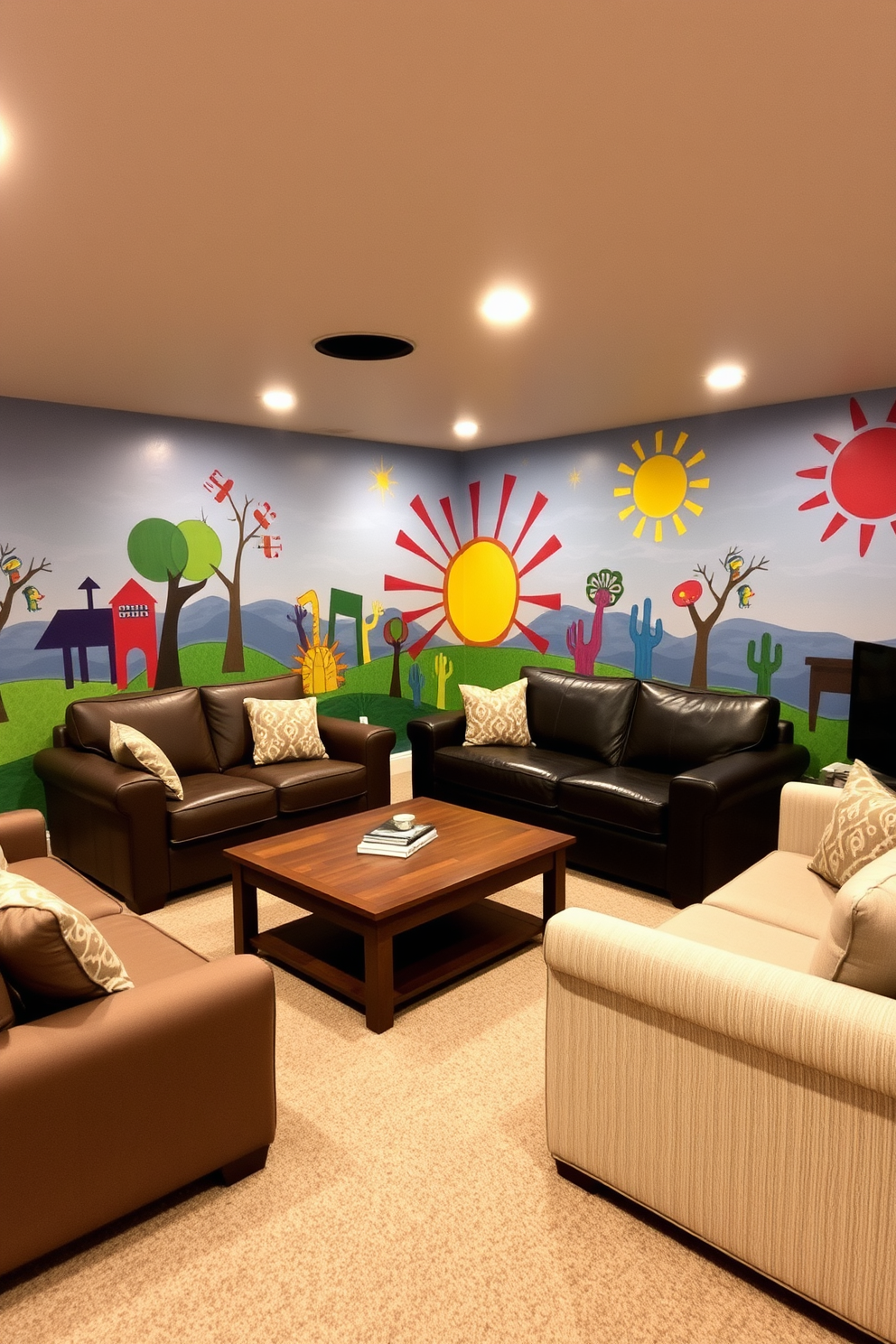 Artistic murals create a vibrant atmosphere in the basement family room, with colorful designs that spark creativity and conversation. Comfortable seating is arranged around a central coffee table, providing a cozy space for family gatherings and entertainment.
