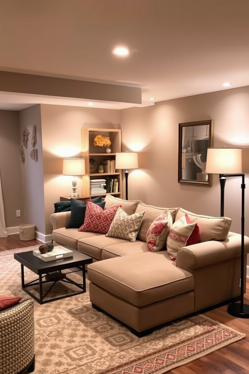 A cozy basement family room filled with warm lighting from stylish floor lamps. The space features a plush sectional sofa in neutral tones, accented by colorful throw pillows and a soft area rug underfoot.