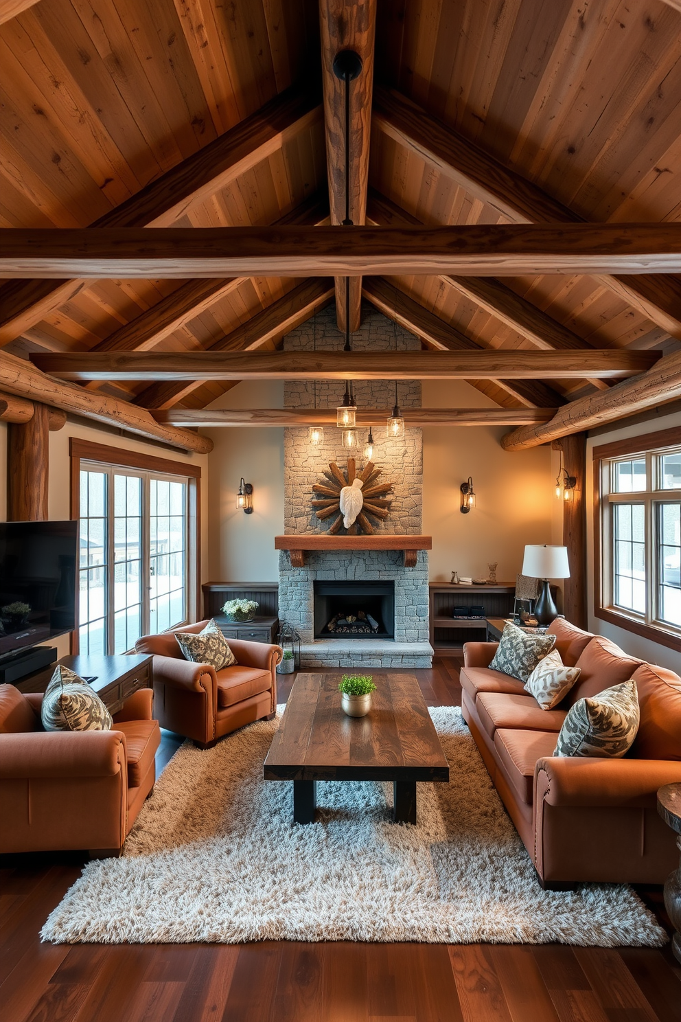 A cozy basement family room with rustic wood beams adorning the ceiling. The space features a large sectional sofa in earthy tones, complemented by a reclaimed wood coffee table and a stone fireplace as the focal point. Warm lighting fixtures hang from the beams, creating an inviting atmosphere. A plush area rug anchors the seating arrangement, while large windows allow natural light to filter in, enhancing the cabin feel.