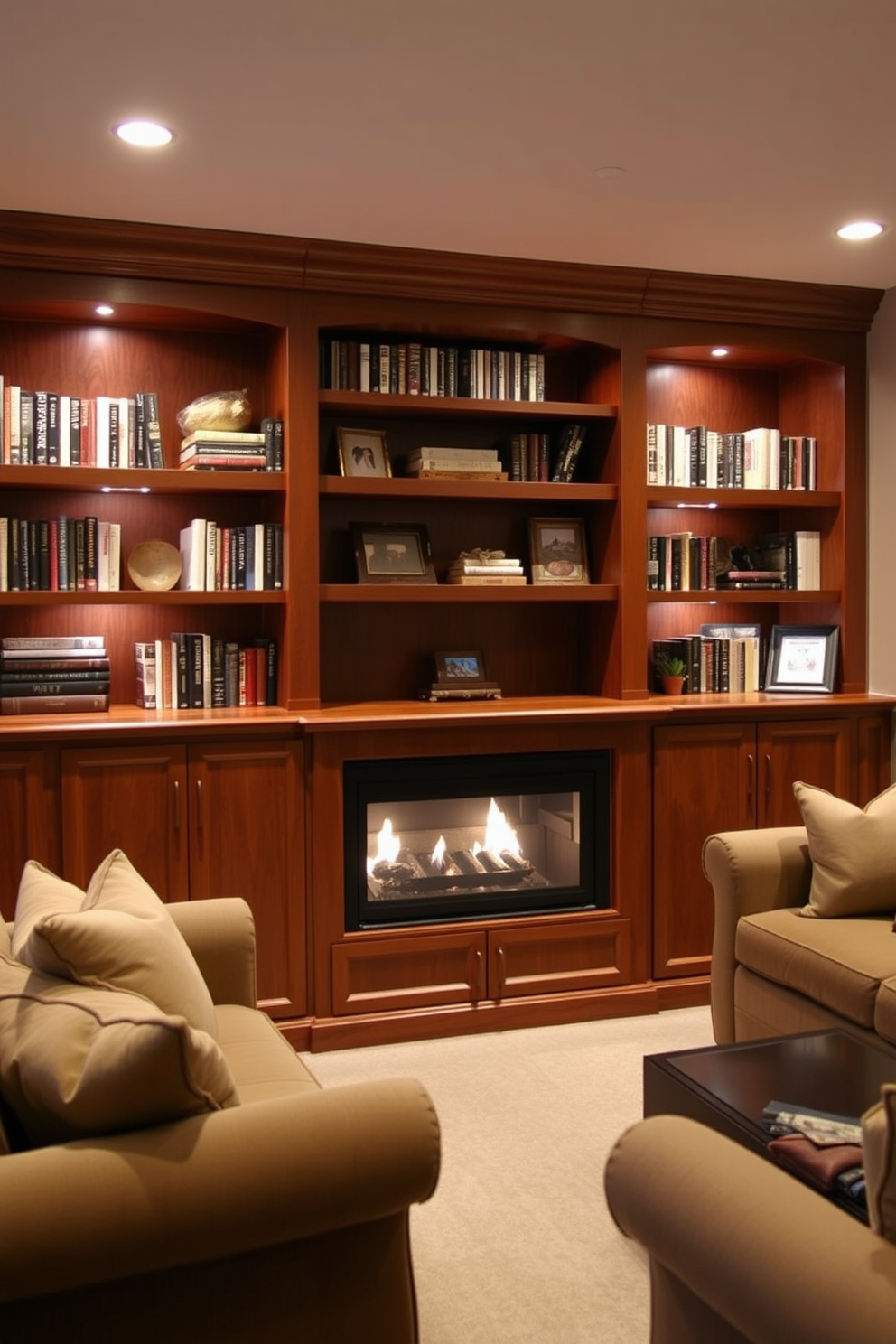 A cozy basement family room features built-in shelves that elegantly display books and decorative items. The shelves are crafted from rich wood, complementing the warm tones of the room's soft lighting and plush seating.