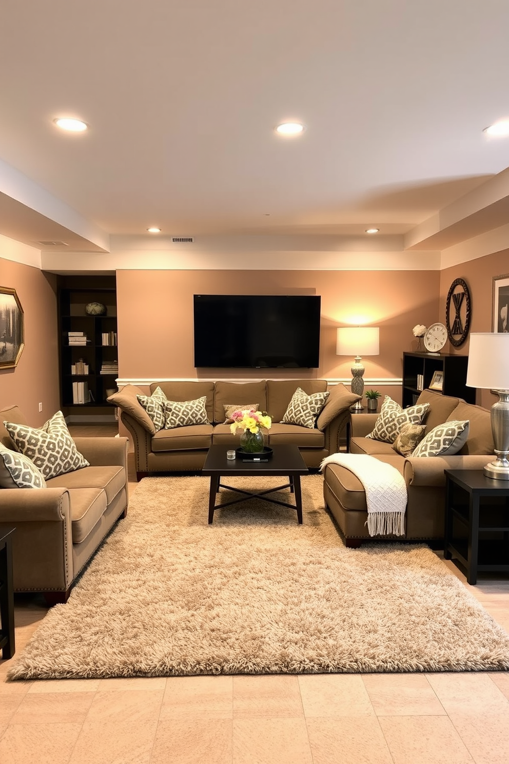 A cozy basement family room featuring a soft area rug that adds comfort and warmth to the space. The room is designed with plush seating arrangements, complemented by warm lighting and inviting decor elements.