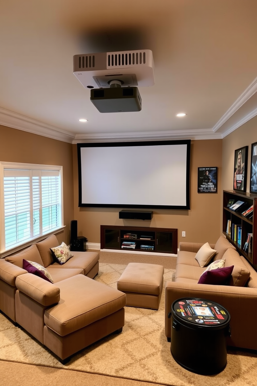 A cozy family-friendly movie corner featuring a large projector mounted on the ceiling. Surrounding the screen, there are plush sectional sofas in soft, durable fabric, perfect for family movie nights. The walls are painted in a warm neutral tone, accented by colorful framed movie posters. A soft area rug adds comfort underfoot, while a built-in shelf holds a collection of favorite films and board games.