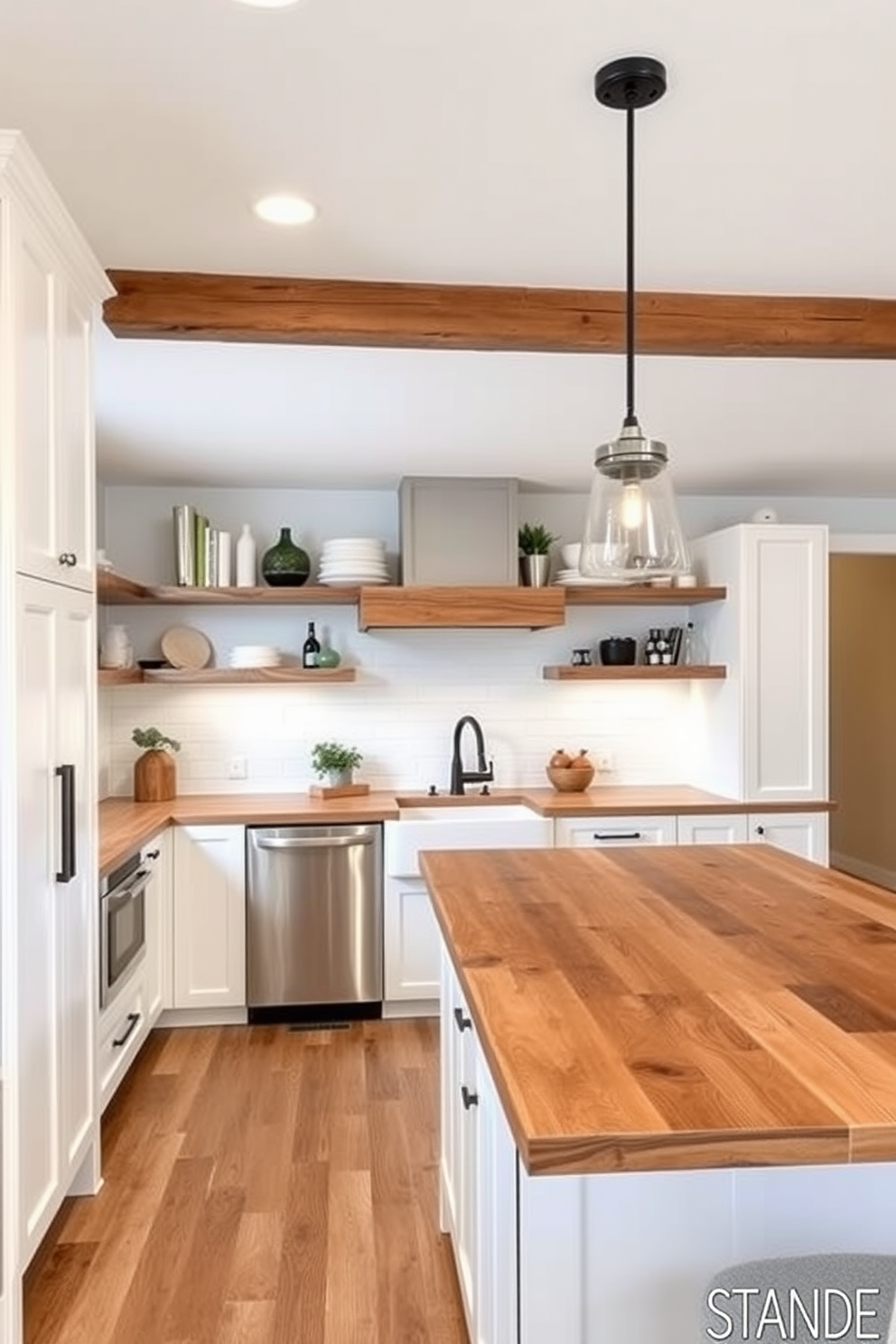 A bright and airy open concept kitchen seamlessly blends with the living area, creating a spacious and inviting atmosphere. The kitchen features a large island with bar seating, complemented by sleek cabinetry and modern appliances. Natural light floods the space through large windows, enhancing the warm color palette of soft whites and earthy tones. Thoughtful design details, such as pendant lighting and decorative shelving, add character and functionality to the layout.