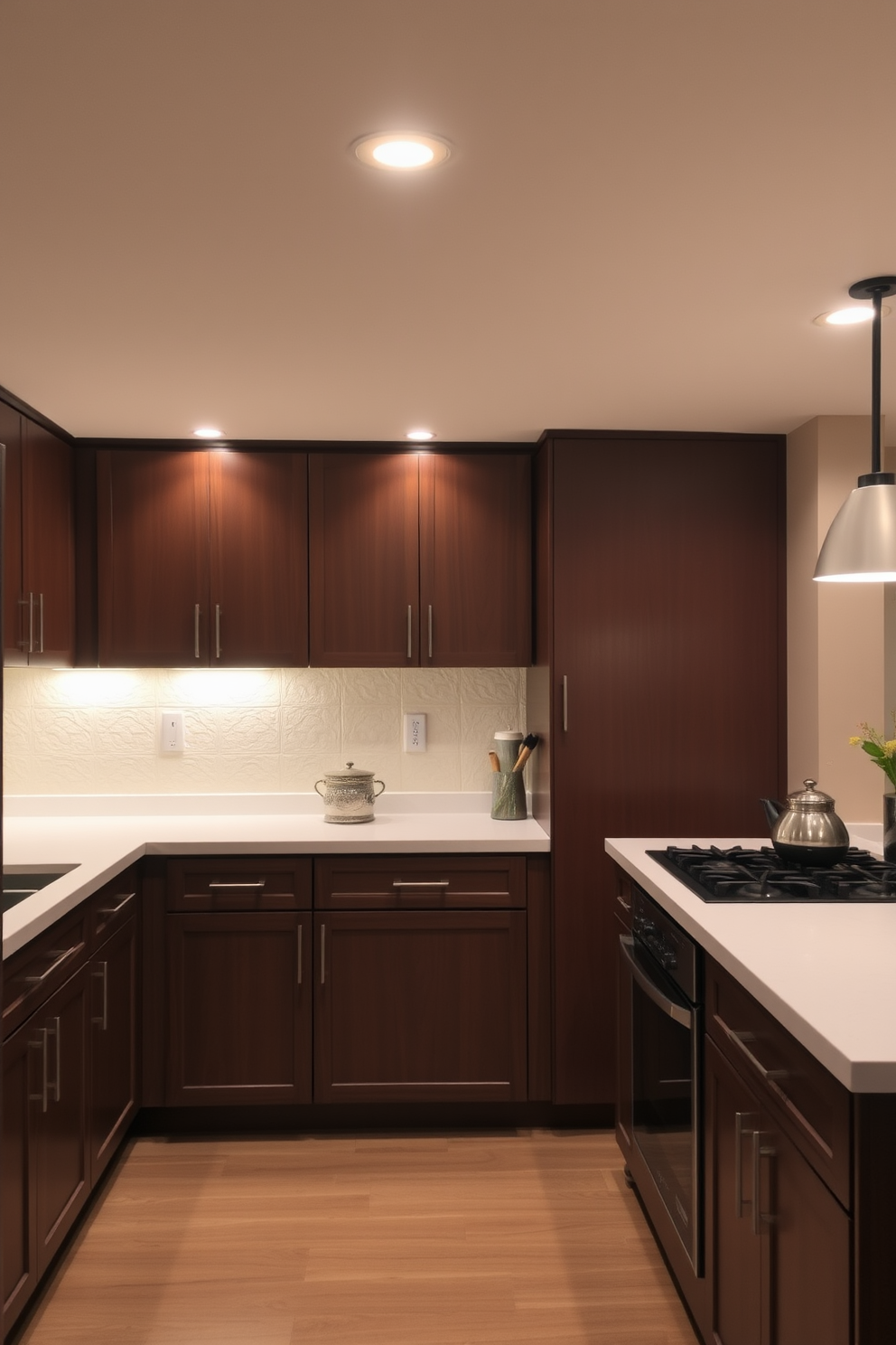 A cozy basement kitchen featuring a compact layout designed for functionality. The cabinetry is a blend of dark wood and white, providing a modern yet warm feel. A mini fridge is seamlessly integrated into the cabinetry for convenience. The countertop is a sleek granite, complemented by stylish pendant lighting overhead.