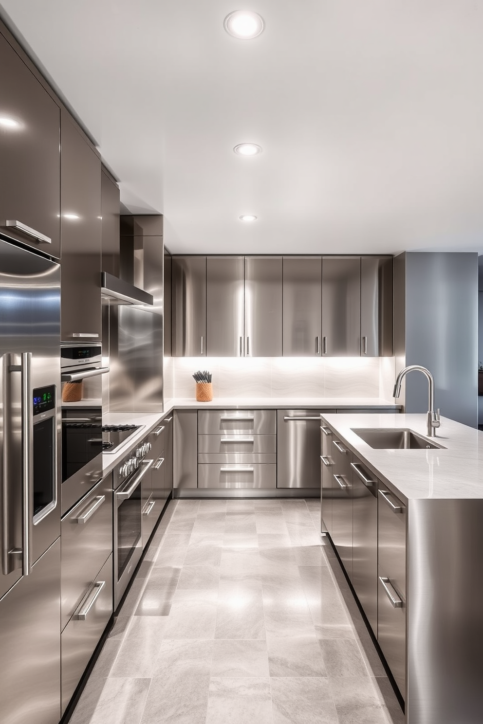 A modern basement kitchen designed for entertaining. The space features sleek cabinetry in a deep navy blue, complemented by a white quartz countertop and a spacious island with bar seating. A built-in wine cooler is seamlessly integrated into the cabinetry, providing easy access to a selection of fine wines. The kitchen is illuminated by pendant lights hanging over the island, creating a warm and inviting atmosphere for gatherings.