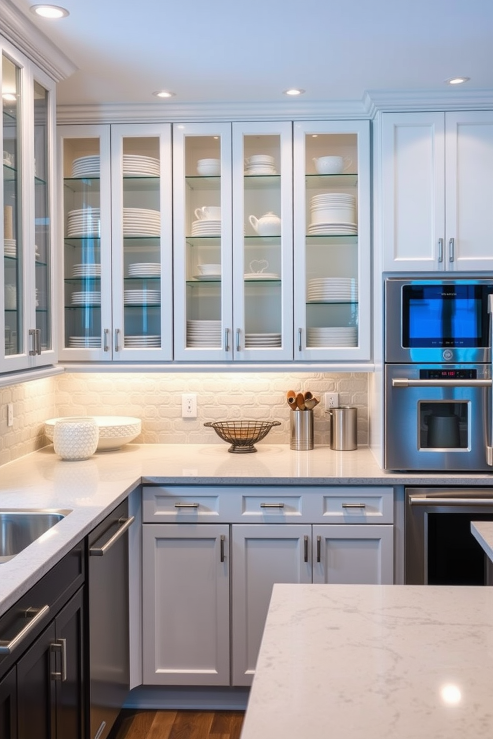 A cozy basement kitchen featuring open shelving for easy access to dishes and cooking essentials. The shelves are made of reclaimed wood, complementing the warm tones of the cabinetry and the rustic charm of the space. The kitchen island is topped with a thick butcher block surface, providing ample prep space and a casual dining area. Pendant lights hang above the island, casting a soft glow that enhances the inviting atmosphere.