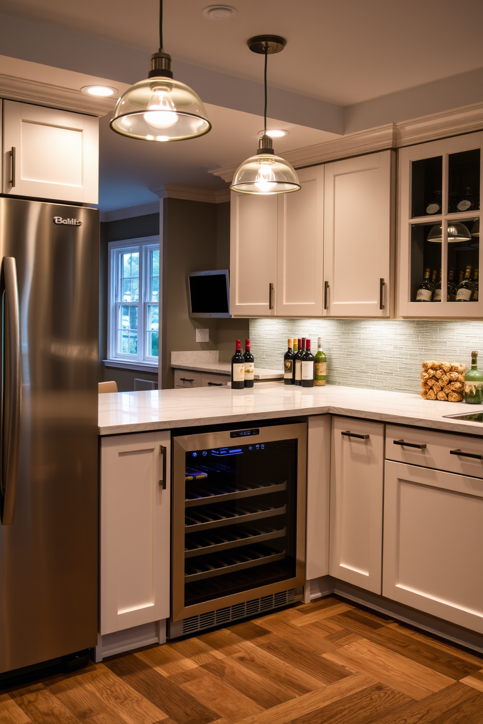 A modern basement kitchen featuring sleek cabinetry in a deep navy blue with brass hardware. The space is illuminated by decorative pendant lighting fixtures hanging above a large island with a white quartz countertop, perfect for meal prep and entertaining. The walls are painted in a soft gray, creating a cozy atmosphere, while open shelving displays stylish dishware and plants. A rustic wooden dining table complements the kitchen's contemporary design, providing a welcoming space for family gatherings.