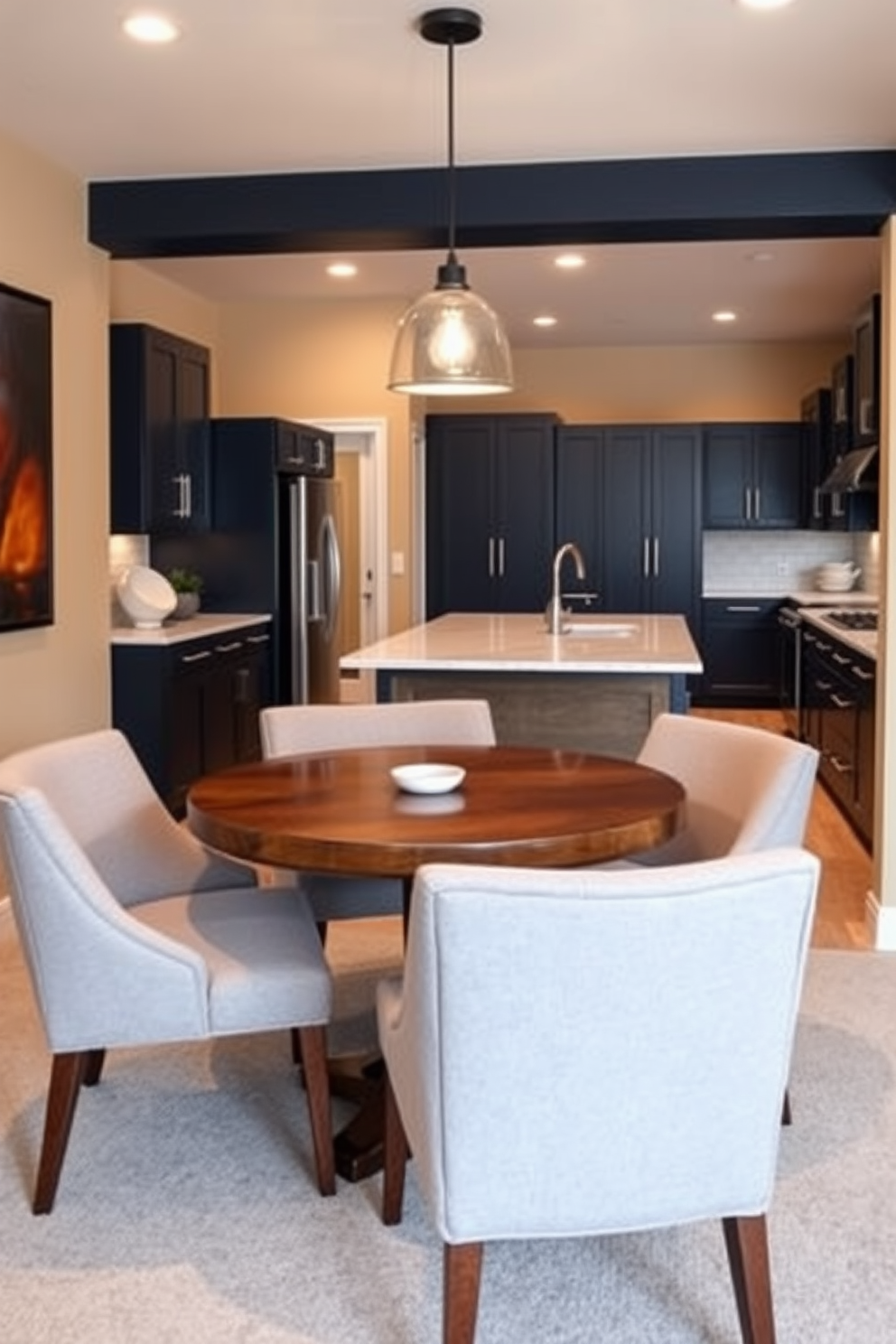 A modern basement kitchen featuring a chalkboard wall for notes and creative ideas. The kitchen includes sleek cabinetry in a dark finish, a central island with bar seating, and stainless steel appliances.
