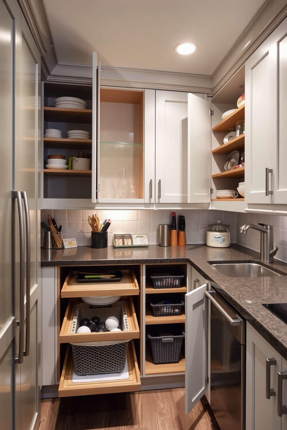 A cozy basement kitchen featuring a rolling cart that serves as additional workspace. The cart is adorned with fresh herbs and kitchen utensils, enhancing the functionality and aesthetic of the space. The cabinetry is a deep navy blue, contrasting beautifully with the light gray countertops. Soft pendant lighting hangs above, creating a warm and inviting atmosphere for cooking and entertaining.