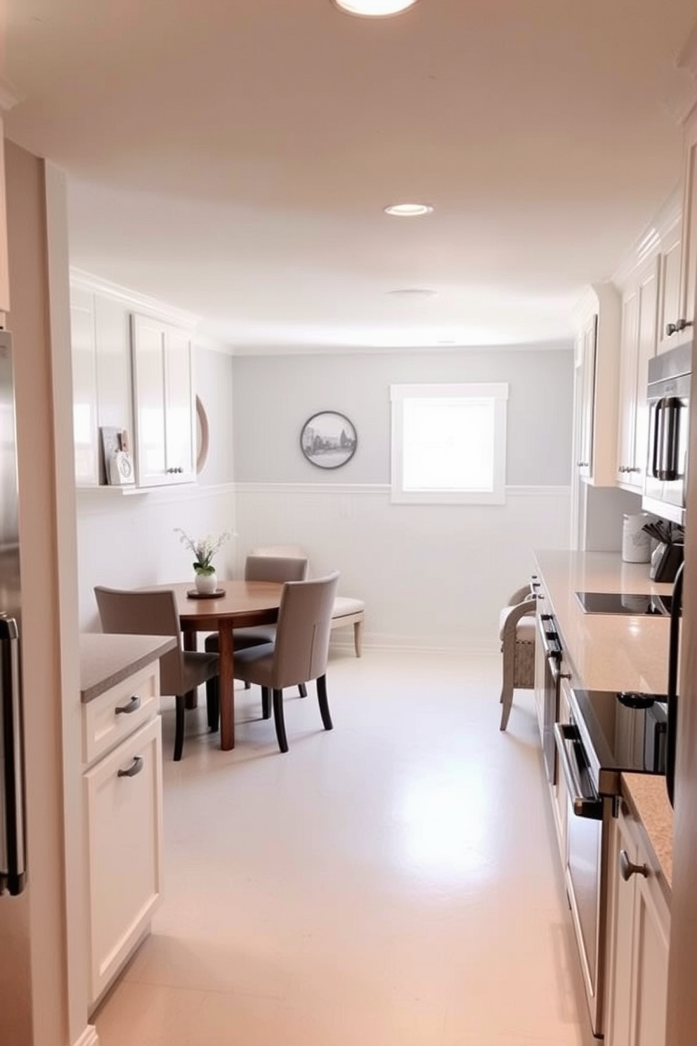 A cozy basement kitchen with a rustic farmhouse theme. The cabinetry is painted in a soft white with vintage brass handles, and a large farmhouse sink is positioned beneath a window that offers a view of the backyard. The countertops are made of reclaimed wood, adding warmth to the space. A central island features bar stools with woven natural fiber seats, creating an inviting area for gatherings.