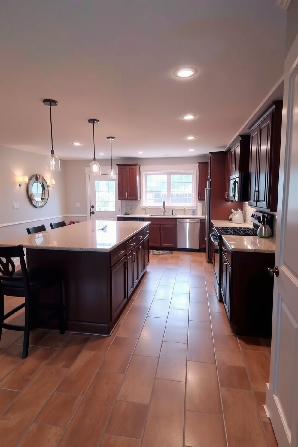 A cozy basement kitchen featuring a small round dining table set for two. The kitchen has sleek white cabinets and a contrasting dark countertop with modern appliances seamlessly integrated. Soft lighting illuminates the space, creating a warm and inviting atmosphere. A decorative fruit bowl sits at the center of the dining table, enhancing the kitchen's charm.