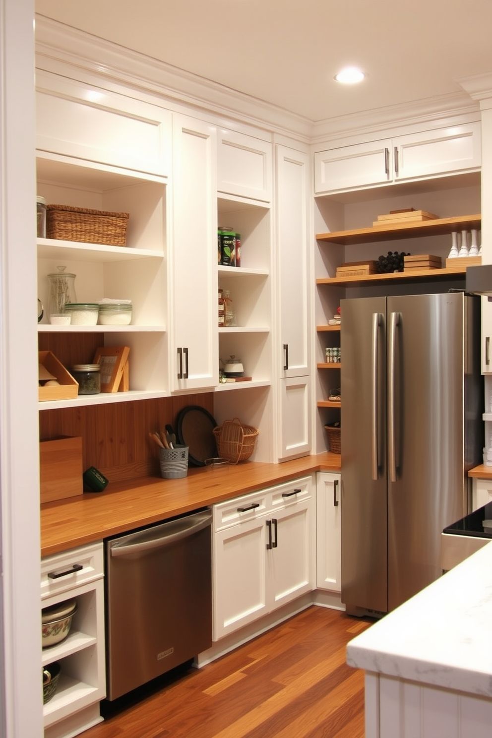 A modern basement kitchen featuring a sleek coffee station integrated into the cabinetry. The space includes a stylish countertop with a built-in espresso machine and organized shelves for coffee supplies and mugs. The kitchen is designed with warm wood tones and soft ambient lighting, creating an inviting atmosphere. A cozy seating area with bar stools complements the coffee station, making it a perfect spot for casual gatherings.