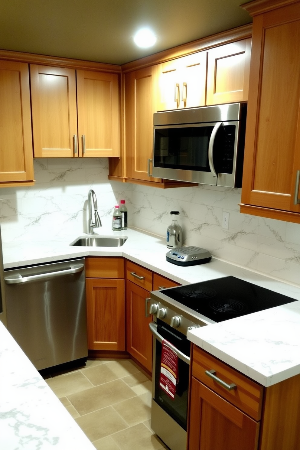A modern basement kitchen design features sleek cabinetry in a rich navy blue, complemented by stainless steel appliances for a contemporary touch. The layout includes a built-in microwave seamlessly integrated into the cabinetry, enhancing efficiency and convenience. The countertops are made of durable quartz, providing ample workspace for meal prep. Soft under-cabinet lighting illuminates the area, creating a warm and inviting atmosphere for cooking and entertaining.