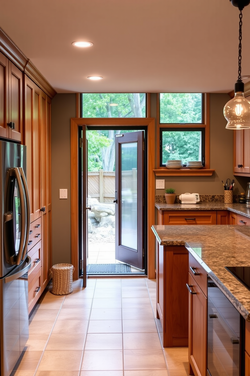 A stylish basement kitchen area designed for entertaining. The space features a sleek bar counter made of dark wood with high stools, illuminated by pendant lights overhead. Behind the bar, there are custom shelves displaying an array of spirits and glassware. The walls are painted in a warm gray tone, complemented by a polished concrete floor for a modern touch.