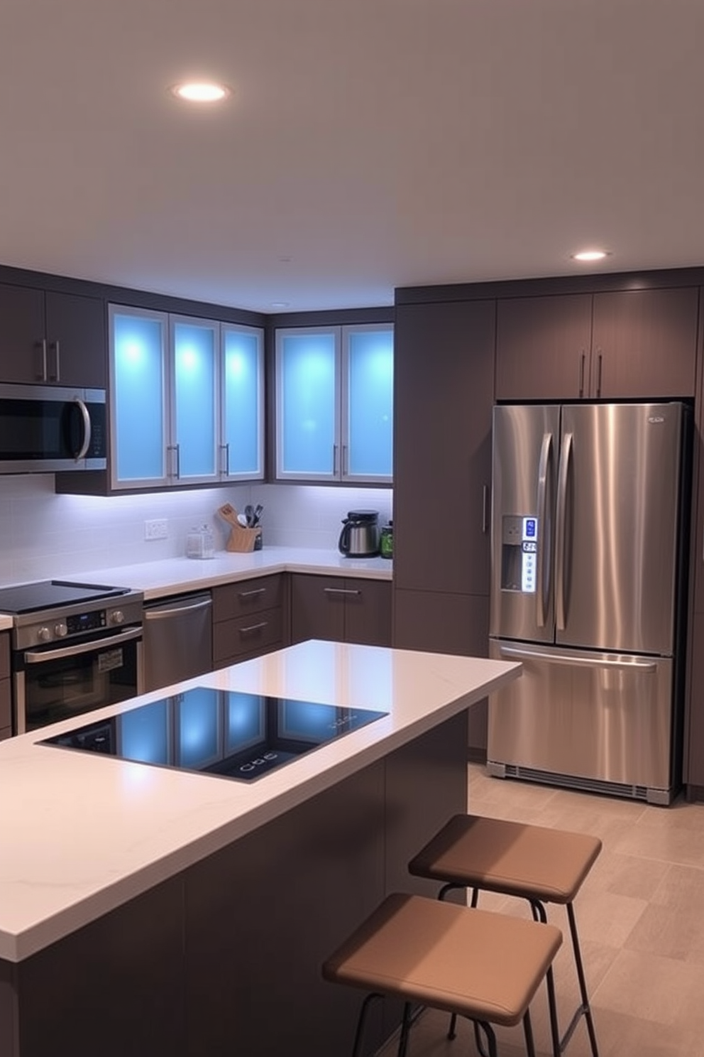 A modern basement kitchen featuring a spacious layout with sleek cabinetry in a deep navy blue. The centerpiece is a large island with a white quartz countertop, complemented by stylish bar stools and a range hood above the cooktop for ventilation. The walls are adorned with light gray tiles, creating a bright and airy atmosphere. Warm wood accents add a touch of coziness, while pendant lights hang gracefully above the island, providing both functionality and elegance.