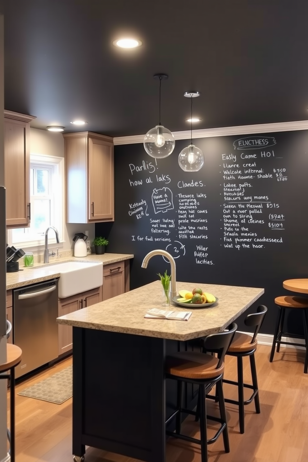 A cozy basement kitchen with a blend of rustic and modern elements. The cabinetry features distressed wood with sleek stainless steel appliances, creating a warm yet contemporary atmosphere. The countertops are a mix of polished granite and reclaimed wood, offering visual contrast and inviting texture. Soft ambient lighting illuminates the space, highlighting the textured backsplash made of handmade ceramic tiles.