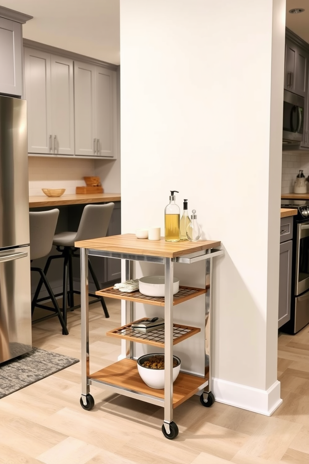 A cozy basement kitchen with an open layout featuring a large island in the center. The cabinetry is a deep navy blue with brass hardware, and the countertops are a light quartz that reflects natural light. Incorporate lush green plants on the windowsill and hanging from the ceiling to create a fresh atmosphere. The flooring is a warm wood that complements the overall color scheme and adds warmth to the space.