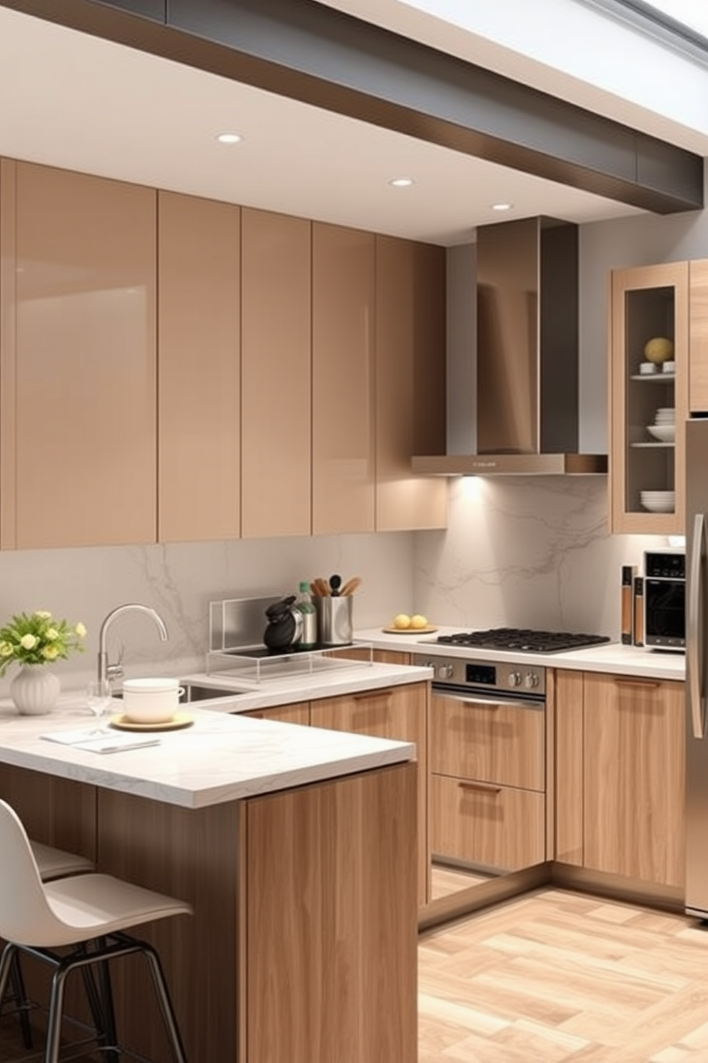 A stylish basement kitchen featuring multi-functional furniture that maximizes space and enhances usability. The kitchen island doubles as a dining table with built-in storage, surrounded by sleek, modern stools. The cabinetry incorporates pull-out shelves and hidden compartments for efficient organization. A cozy seating area with a convertible sofa adds versatility, making the space perfect for entertaining or relaxing.