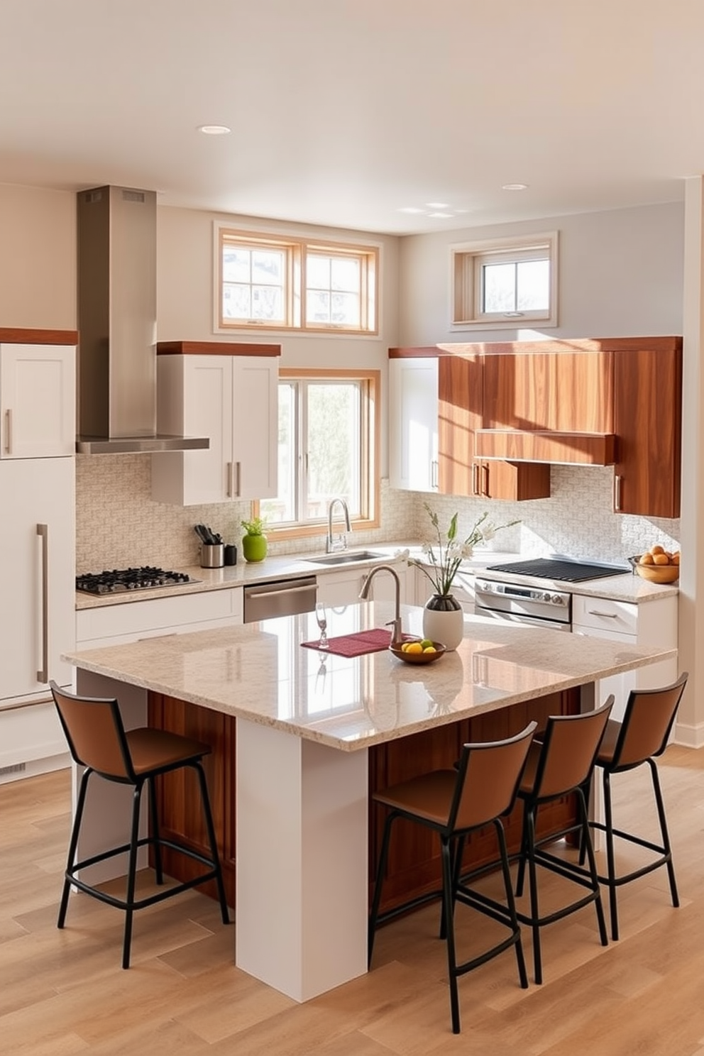 A cozy basement kitchen with a modern touch featuring sleek cabinetry and a central island. The space is illuminated by warm under-cabinet lighting that enhances the ambiance and highlights the beautiful countertops.