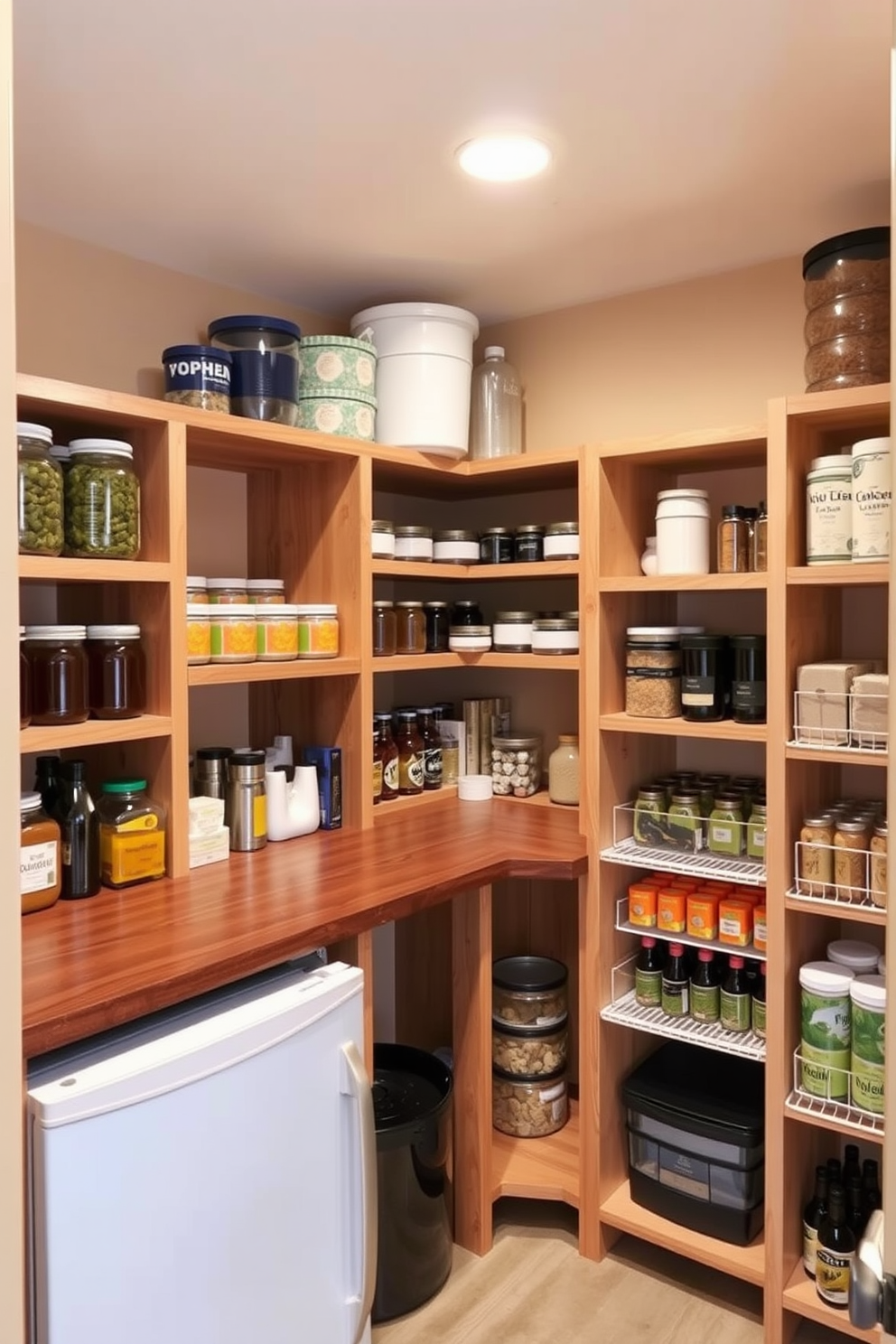 A cozy basement pantry featuring a small fridge for beverages. The pantry is lined with wooden shelves filled with jars and containers, and the walls are painted in a warm beige tone.