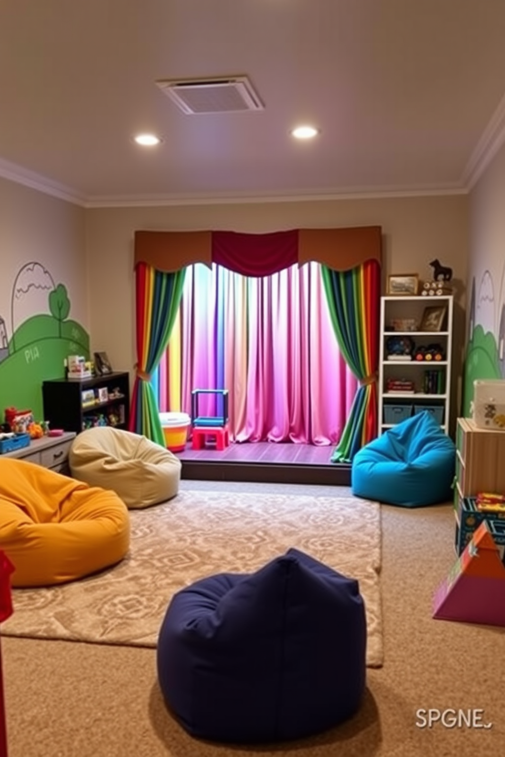 A vibrant basement playroom featuring a small stage for performances. The stage is equipped with colorful curtains and soft lighting, creating an inviting atmosphere for kids to showcase their talents. The playroom includes a cozy seating area with bean bags and a large rug for comfort. Walls are adorned with playful murals, and shelves are filled with toys and games to inspire creativity and fun.