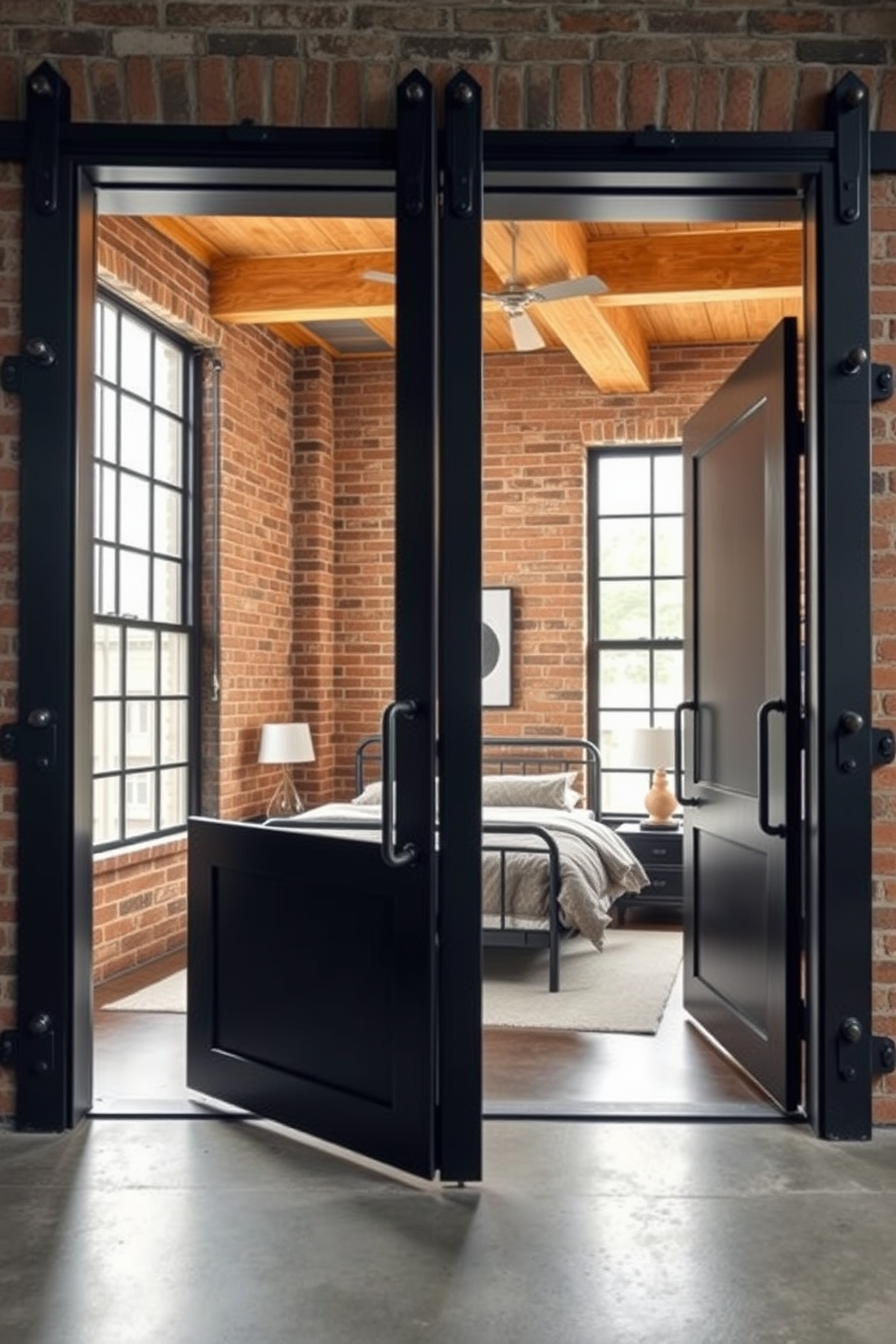 A striking industrial bedroom features large metal doors that open to a cozy space. The doors are finished in a matte black with exposed hinges, complementing the raw brick walls and wooden beams. Inside, the bedroom is adorned with a minimalist metal bed frame and soft bedding in neutral tones. Large windows allow natural light to flood the room, enhancing the urban aesthetic with sleek furnishings and industrial decor.