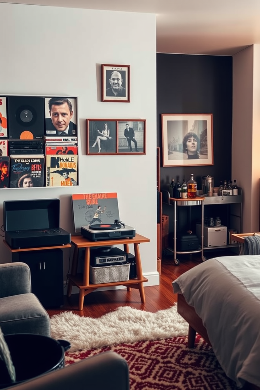 A cozy bedroom featuring a vintage record player placed on a wooden stand next to a collection of vinyl records displayed on a shelf. The walls are adorned with framed album covers, and a plush area rug sits beneath a mid-century modern bed with soft linens. A stylish man cave designed for relaxation and entertainment, showcasing a vintage record player as the centerpiece. Surrounding it are comfortable seating options, a bar cart with drinks, and ambient lighting that creates a warm and inviting atmosphere.