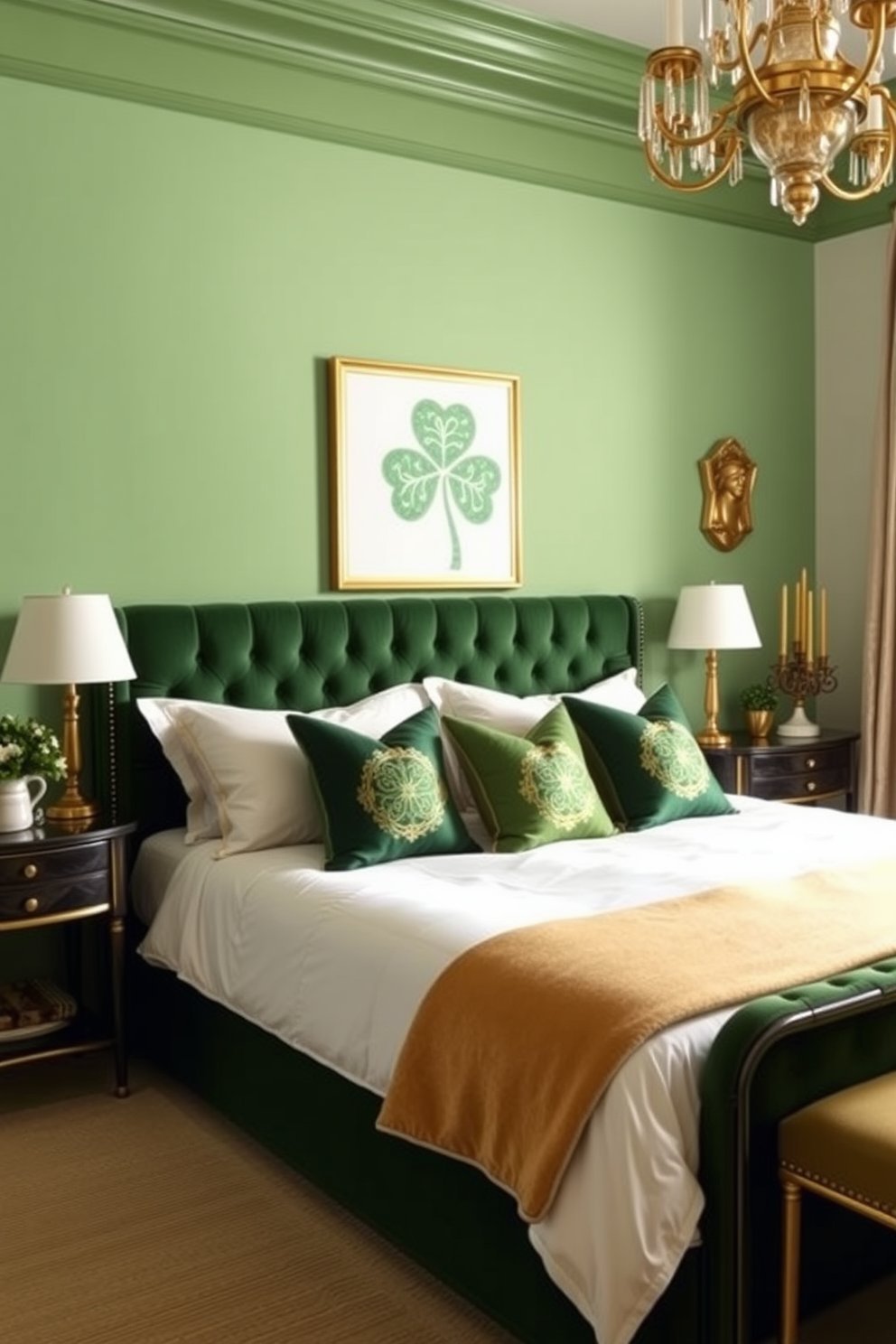 A serene bedroom setting featuring a green and gold color scheme. The walls are painted a soft green, complemented by gold accents in the decor and furnishings. A plush bed with a deep green velvet headboard is adorned with gold-patterned throw pillows. St. Patrick's Day decorations, such as shamrock-themed art and gold-hued candles, create a festive yet elegant atmosphere.