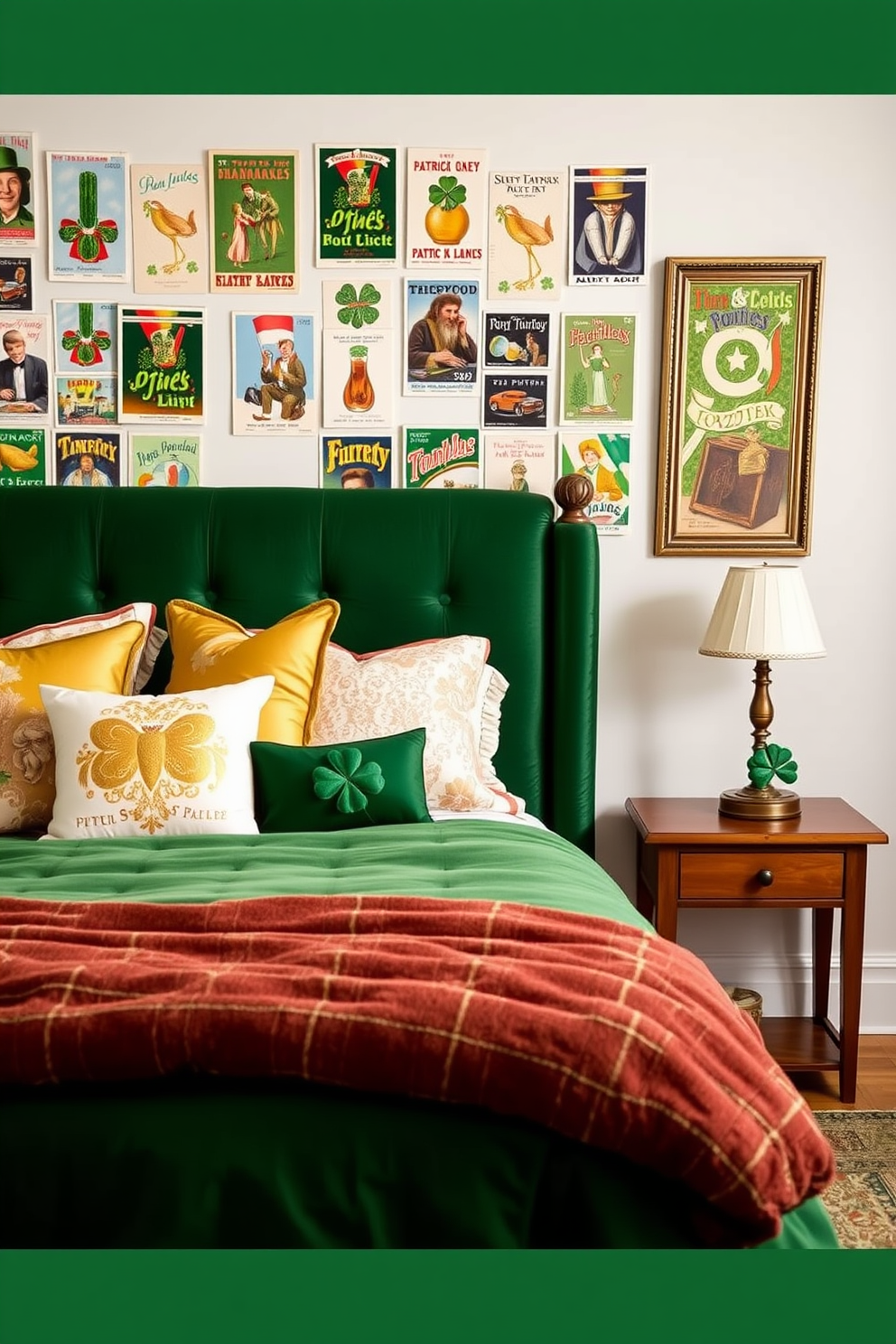 A cozy bedroom setting inspired by St. Patrick's Day. The walls are adorned with vintage St. Patrick's Day postcards, showcasing festive designs and colors that evoke a sense of nostalgia. A plush green bedspread covers a beautifully made bed, accented with gold and white pillows. A small wooden nightstand beside the bed holds a decorative shamrock plant and a vintage lamp, adding warmth to the space.