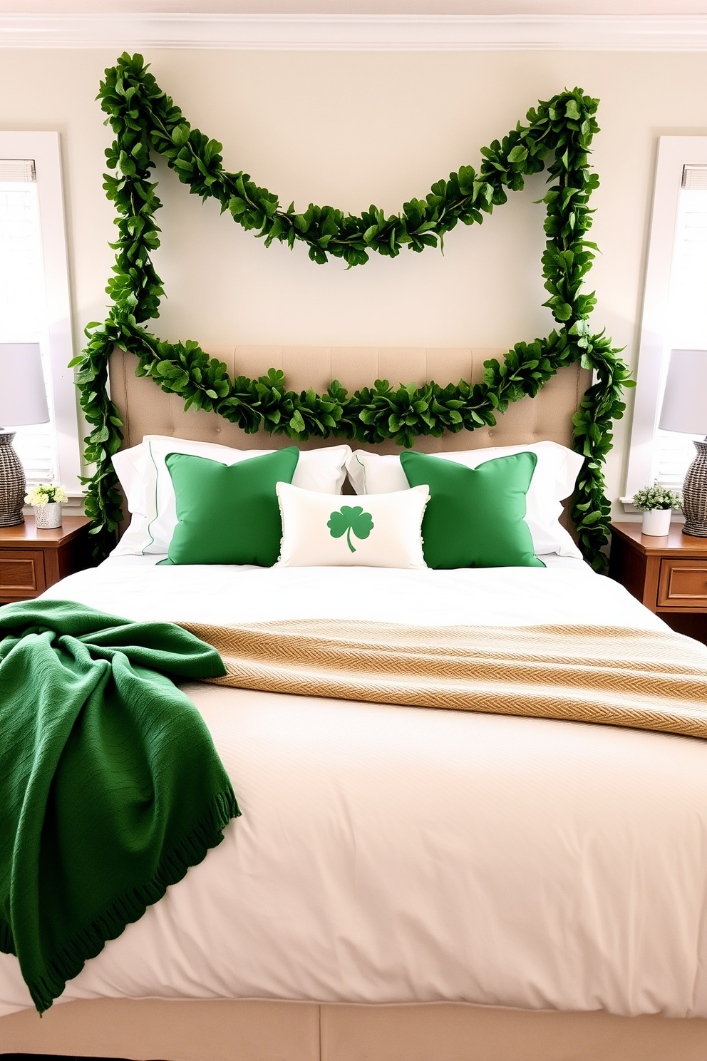 A cozy bedroom adorned for St. Patrick's Day features a plush bed with a soft white duvet and green accent pillows. Above the headboard, lush green garlands are elegantly draped, adding a festive touch to the space.