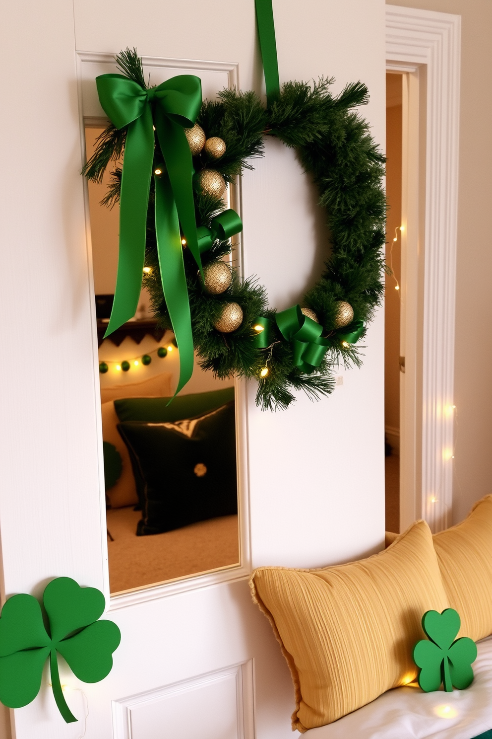A festive wreath adorned with green ribbons and gold accents hangs on a charming bedroom door. The door is painted a soft white, complementing the cheerful decorations inside that celebrate St. Patrick's Day. Inside the bedroom, cozy green and gold throw pillows are arranged on the bed, creating a warm and inviting atmosphere. Shamrocks and twinkling fairy lights are tastefully placed around the room, adding to the festive spirit of the holiday.