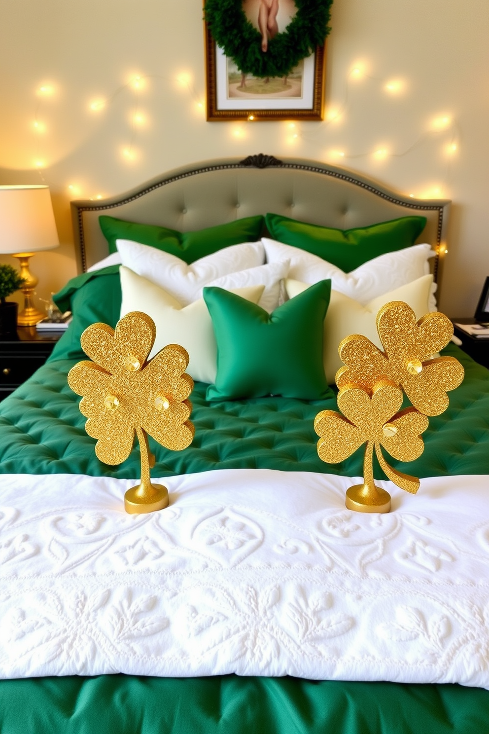 A festive bedroom setting for St. Patrick's Day. Gold glittered shamrock centerpieces adorn the nightstands, adding a touch of sparkle and charm. The bed is dressed in a rich green duvet with white and gold accent pillows. Soft fairy lights are draped around the headboard, creating a warm and inviting atmosphere.