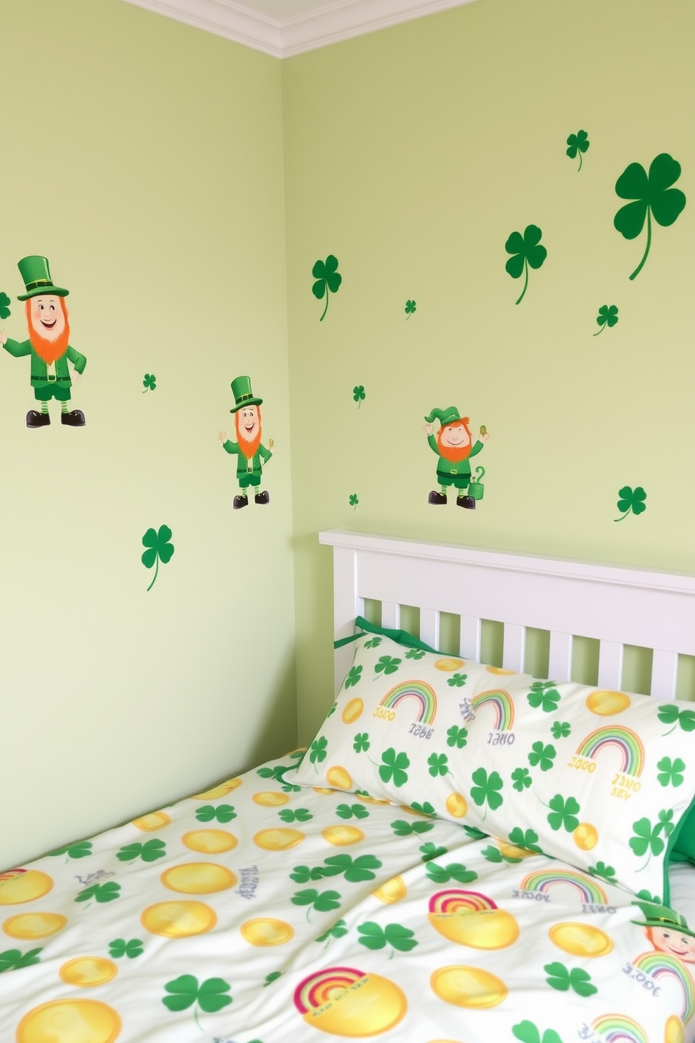 A cozy bedroom adorned with St Patrick's Day themed wall decals featuring shamrocks and leprechauns. The walls are painted a soft pastel green, and the bedding showcases a playful pattern of gold coins and rainbows.