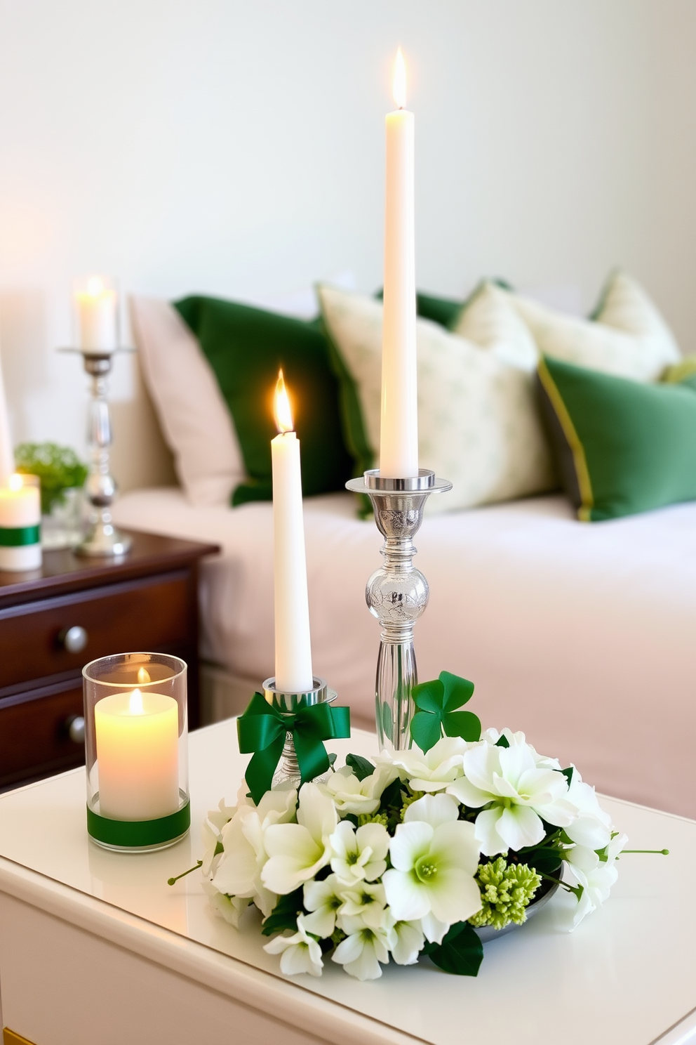 A serene bedroom setting adorned with candle holders featuring elegant green accents. The soft glow from the candles creates a warm and inviting atmosphere, perfect for a relaxing retreat. The room is decorated with subtle St. Patrick's Day elements, including tasteful green throw pillows and a decorative shamrock centerpiece on the nightstand. Fresh flowers in shades of white and green add a touch of vibrancy to the overall decor.