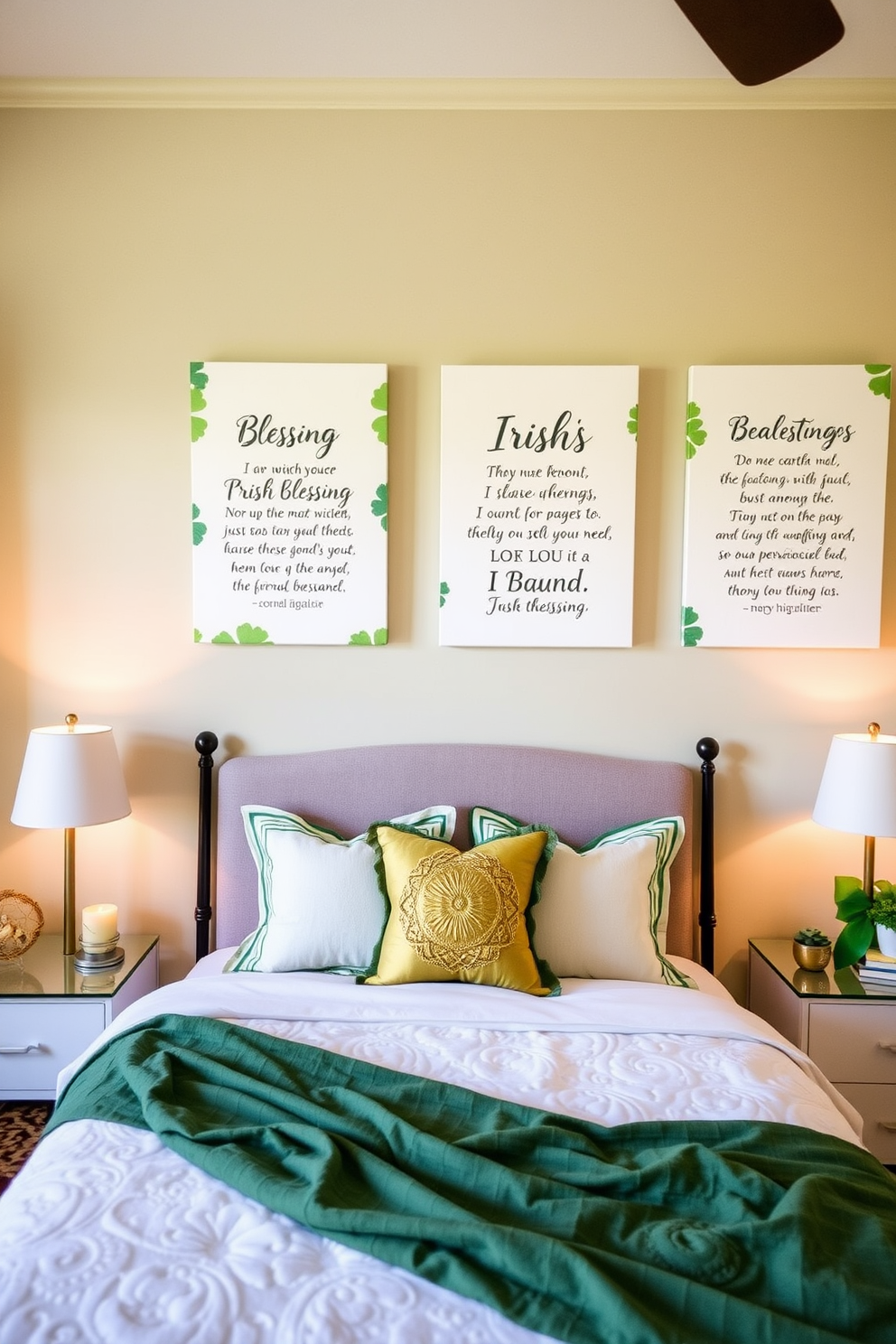 A serene bedroom adorned with canvas prints featuring Irish blessing quotes. The walls are painted in soft pastels, creating a calming atmosphere, while touches of green and gold decor celebrate St. Patrick's Day.