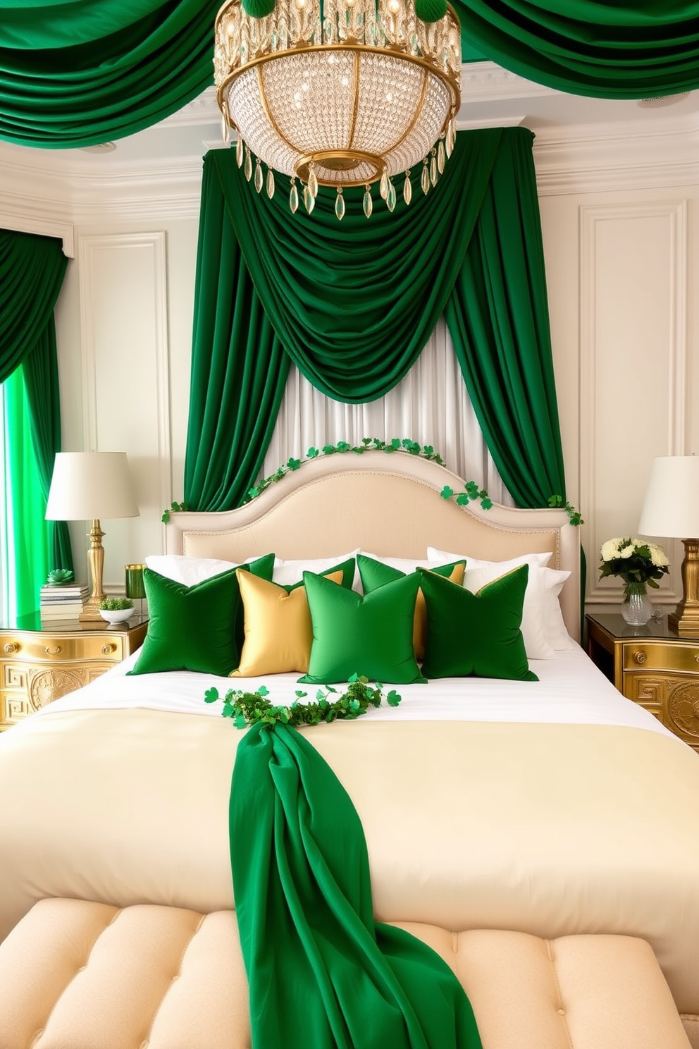 A luxurious bedroom adorned with emerald green curtains that cascade elegantly from the ceiling to the floor, creating a dramatic focal point. The room features a plush king-sized bed with crisp white linens and an assortment of green and gold accent pillows. For St. Patrick's Day, the decor includes subtle touches of festive green accents throughout the space. A delicate garland of shamrocks is draped over the headboard, adding a whimsical charm without overwhelming the elegant atmosphere.