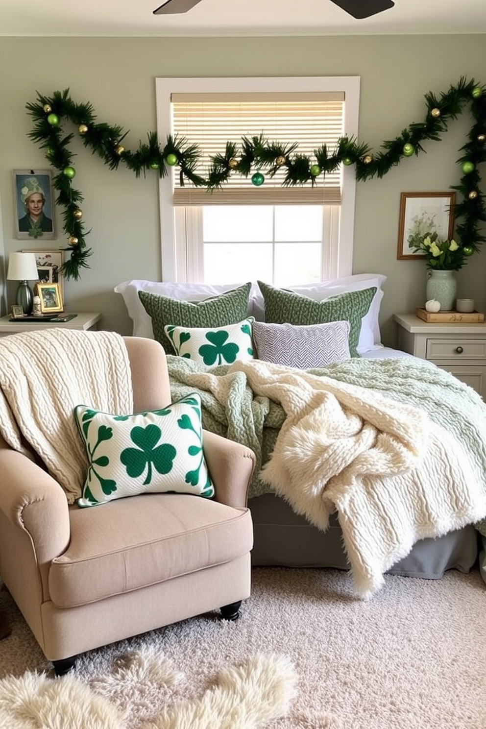 A cozy bedroom adorned with layered textures featuring soft knitted throws draped over the bed and a plush armchair. The color palette includes soft greens and neutrals, creating a serene atmosphere perfect for relaxation. For St. Patrick's Day, the room is decorated with festive accents such as shamrock-patterned cushions and a garland of green and gold. Subtle touches of Irish charm are incorporated through artwork and decorative items that celebrate the holiday.