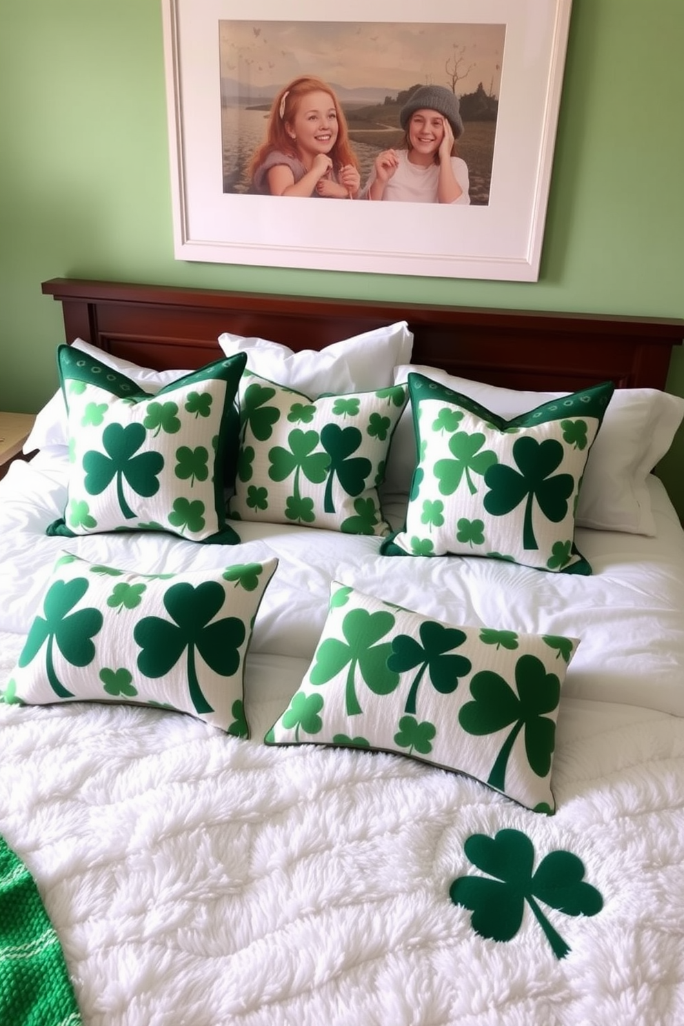 A cozy bedroom adorned with shamrock patterned throw pillows arranged on a plush white bedspread. The walls are painted in a soft pastel green, creating a warm and inviting atmosphere perfect for St. Patrick's Day celebrations.