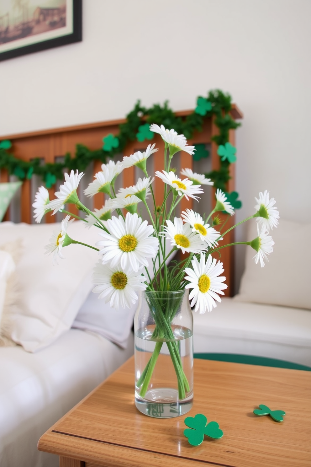 Floral arrangements featuring white daisies are elegantly displayed in a simple glass vase on a bedside table. The soft hues of the daisies contrast beautifully with the warm tones of the wooden furniture in the room. For St. Patrick's Day decorating ideas, consider adding green throw pillows and a festive garland draped across the headboard. Accent the space with small shamrock decorations placed strategically around the room to create a cheerful atmosphere.