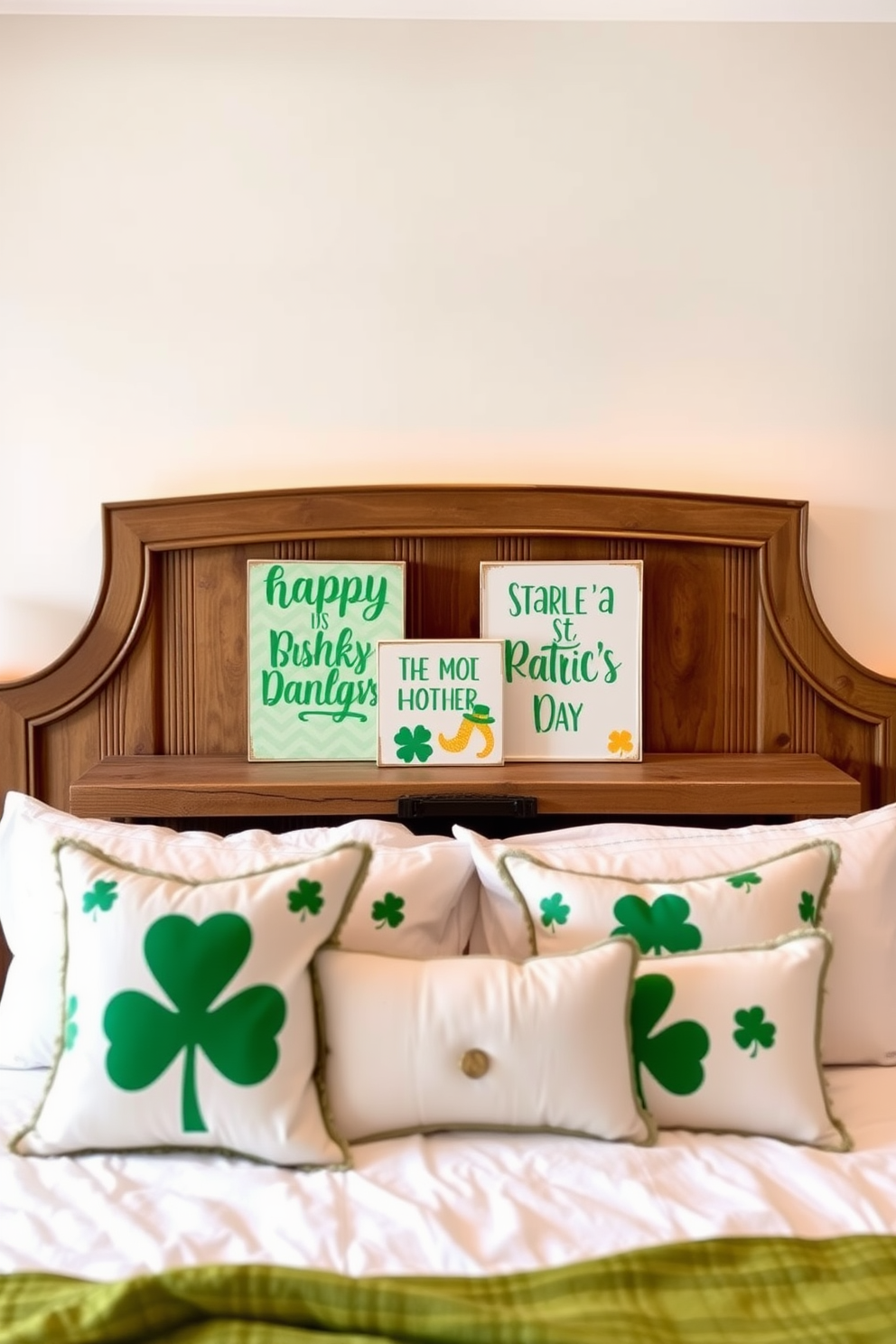 Decorative wooden block signs are arranged on a rustic wooden shelf in a cozy bedroom. The signs feature cheerful St. Patrick's Day phrases in vibrant green and gold colors, adding a festive touch to the space. The bedding is styled in shades of white and green, complemented by plush throw pillows adorned with shamrock patterns. Soft, warm lighting illuminates the room, creating an inviting atmosphere perfect for celebrating the holiday.