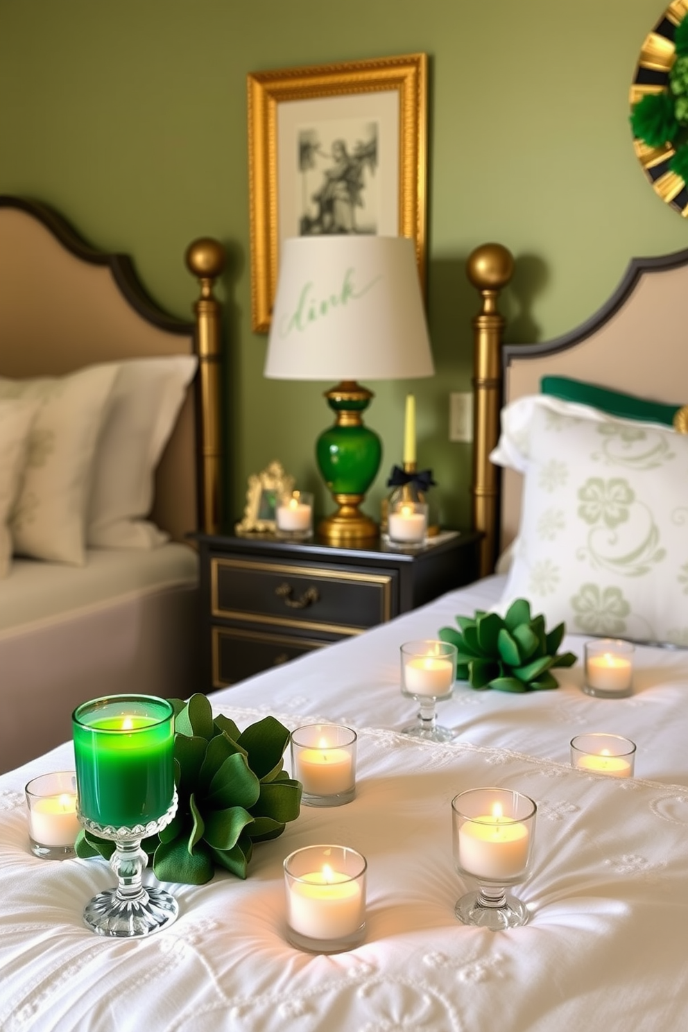 A cozy bedroom adorned for St. Patrick's Day features tea light candles in elegant glass holders scattered across the nightstands. The soft glow of the candles enhances the warm ambiance, while green and gold accents throughout the room celebrate the festive spirit.