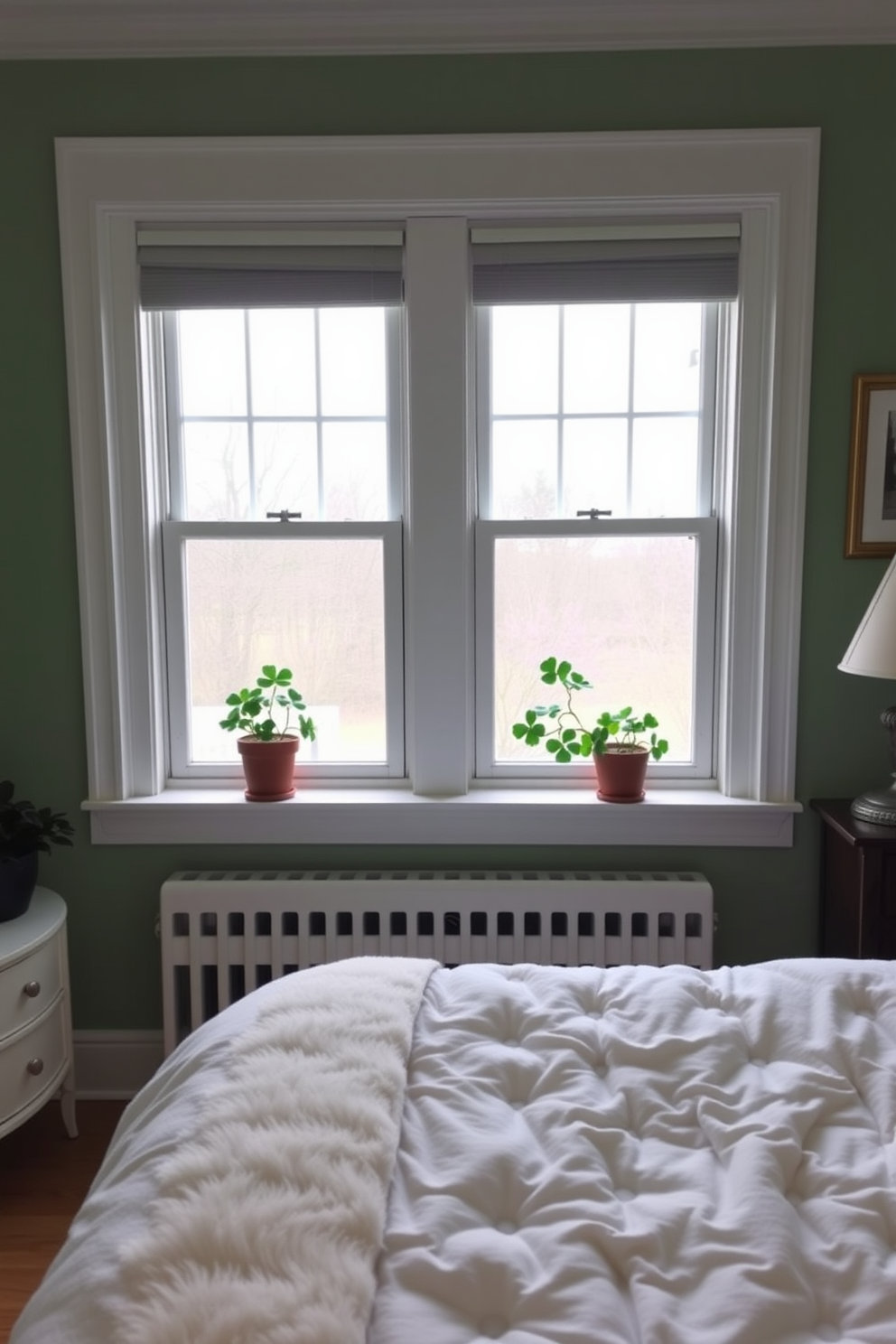 A cozy bedroom adorned with potted clovers on the windowsills. The room features soft green walls and a plush white bedspread, creating a serene atmosphere perfect for St. Patrick's Day decorating ideas.