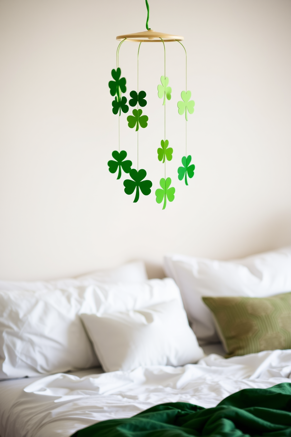 A whimsical hanging shamrock mobile dangles gracefully above a cozy bed adorned with crisp white linens. The mobile features various shades of green, creating a festive atmosphere perfect for St. Patrick's Day decorating ideas.