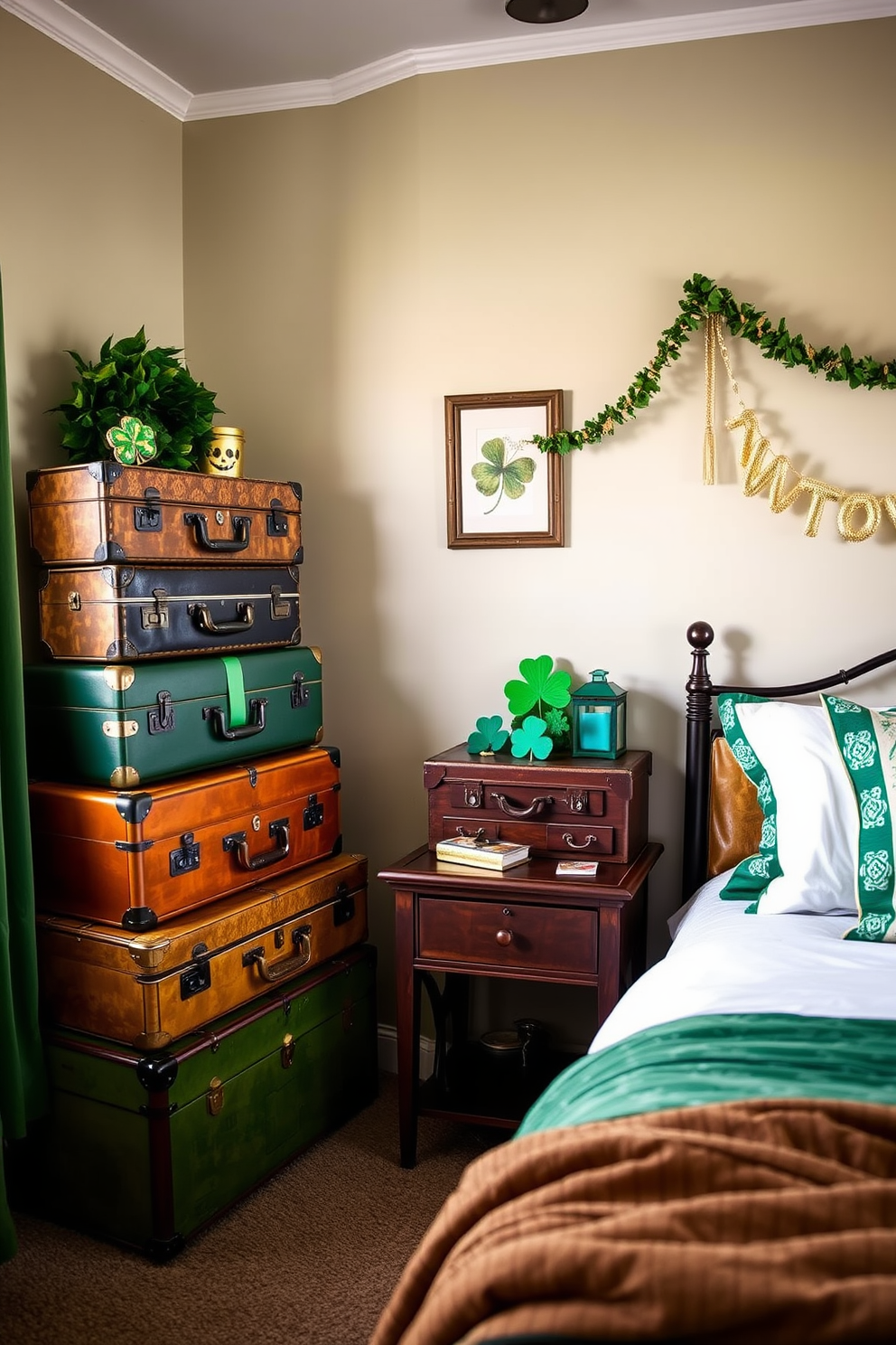 A cozy bedroom featuring vintage suitcases stacked in a corner as decorative storage. The suitcases are in various sizes and colors, adding a charming and nostalgic touch to the space. For St. Patrick's Day, the room is adorned with green and gold accents. Shamrock-themed decorations are placed on the nightstand, and a festive garland hangs above the bed.