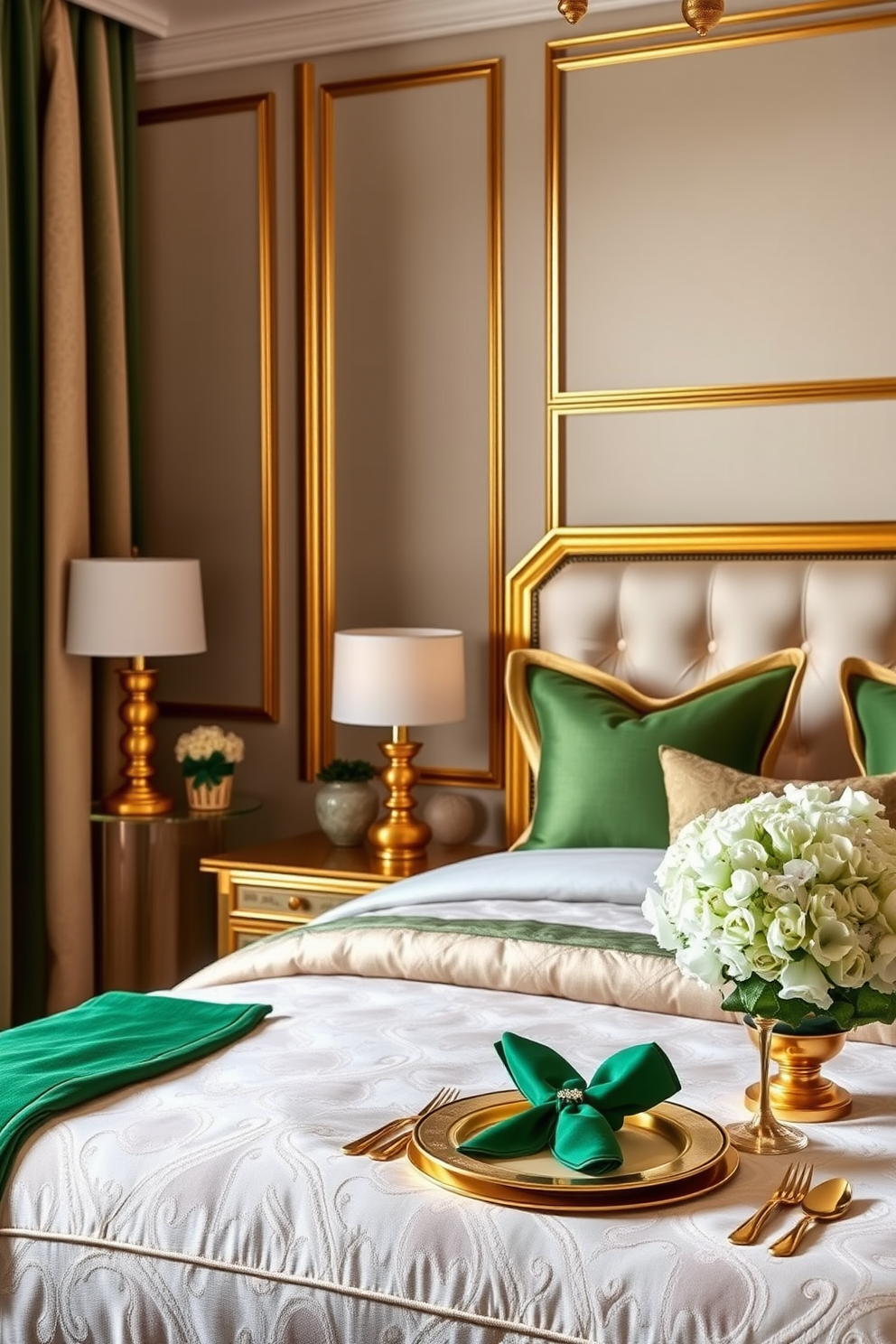 A luxury bedroom featuring gold accent furniture that adds a touch of elegance and sophistication. The bed is adorned with plush bedding, complemented by gold-trimmed pillows and a stylish gold-framed headboard. For St. Patrick's Day, incorporate green and gold decorations that celebrate the holiday's spirit. Use gold accents in table settings, such as gold-rimmed plates and green napkins, to create a festive yet classy atmosphere.